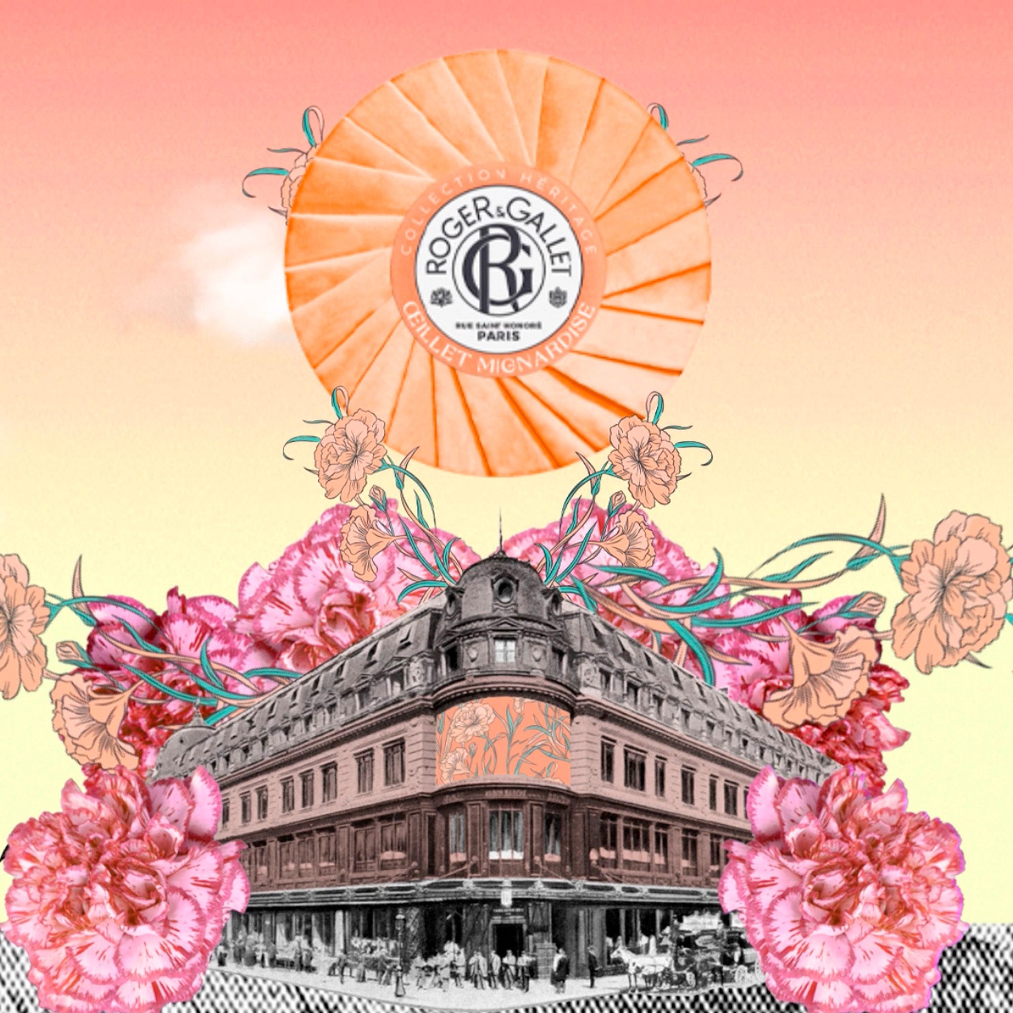 Représentation artistique. Savon rond avec logo. Bâtiment et fleurs en arrière-plan. Texte: Roger & Gallet.