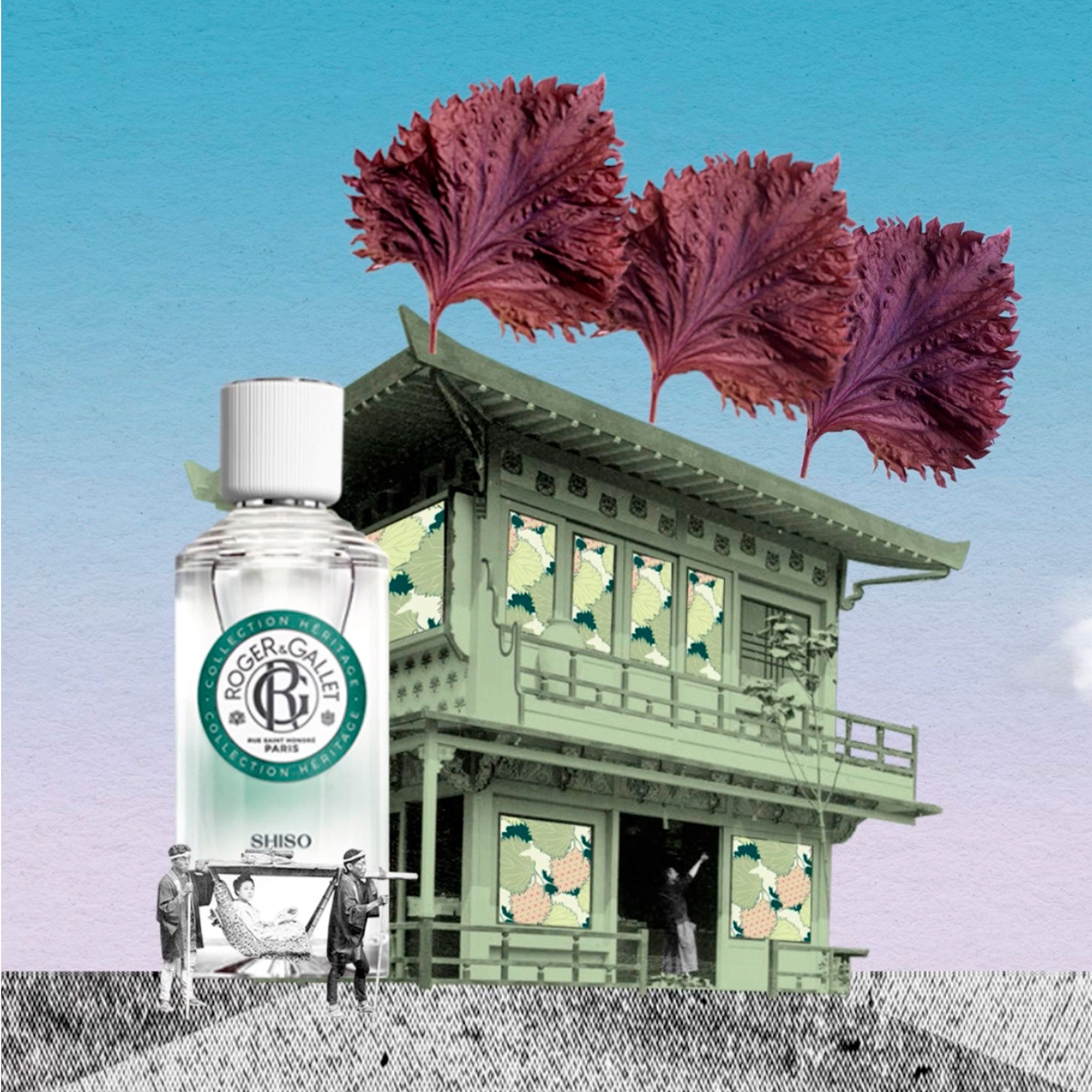 Flacon en verre et collage de bâtiment. Marque Roger & Gallet, Shiso. Image avec personnes.