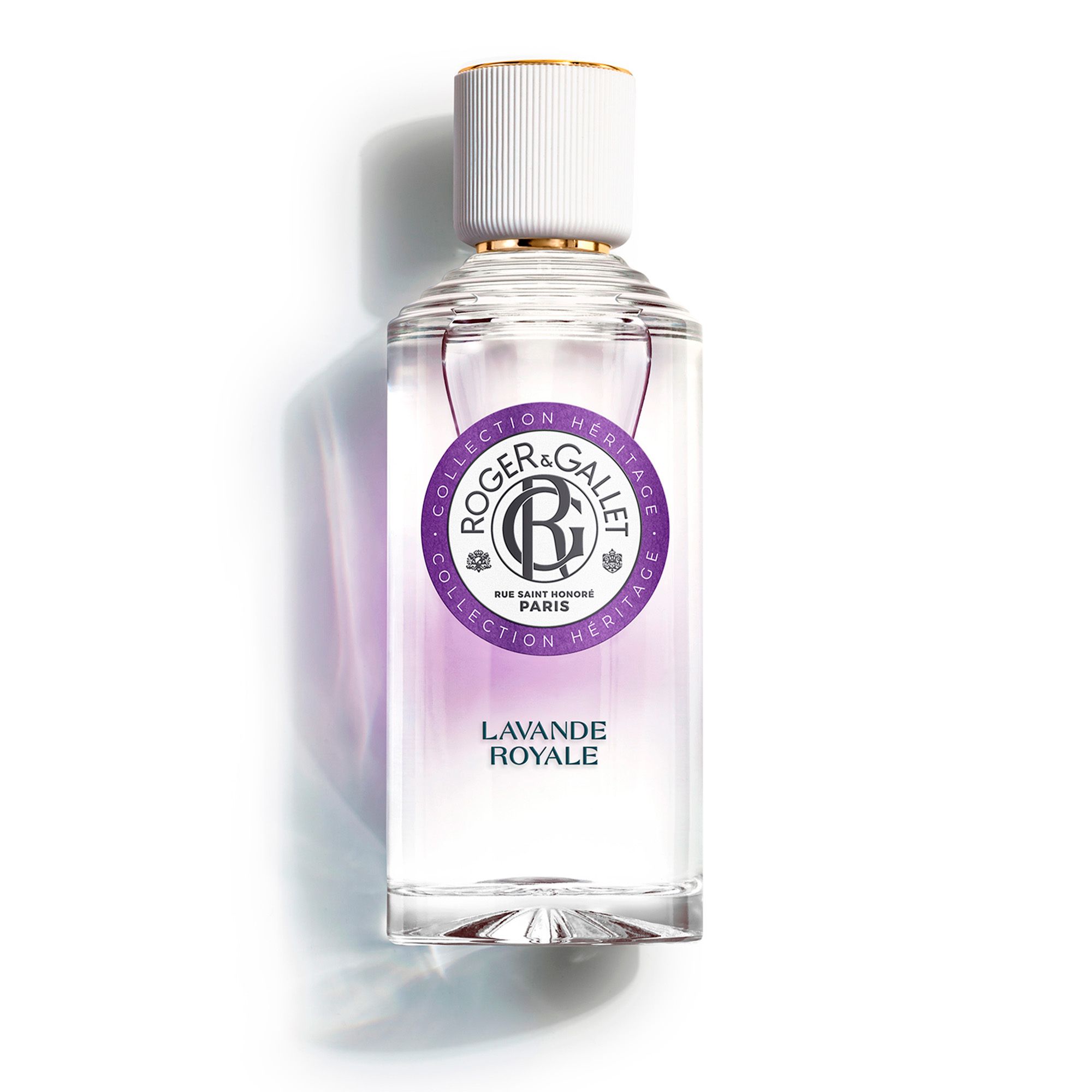 Flacon Roger & Gallet Lavande Royale. Bouteille transparente, bouchon blanc.