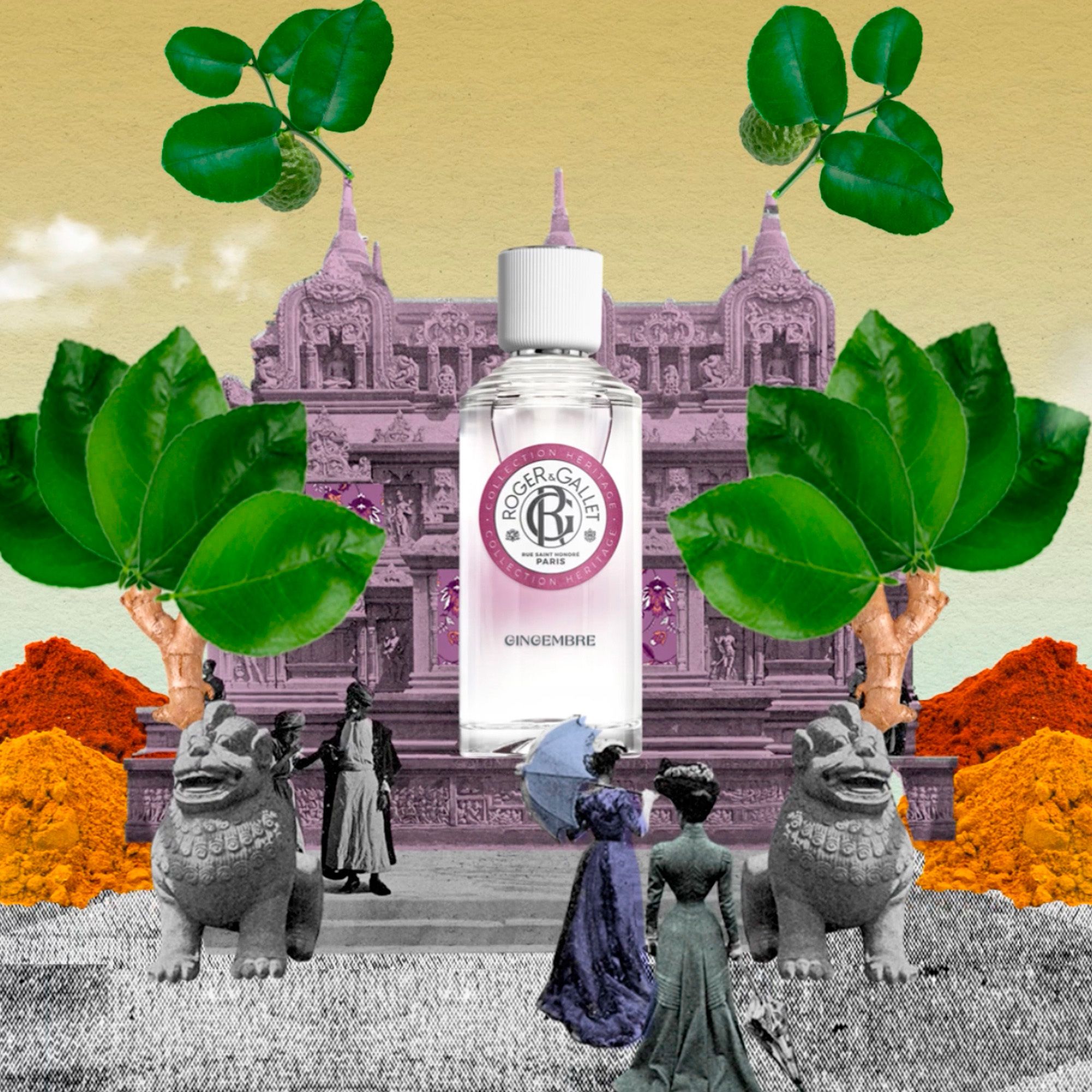 Flacon de parfum avec bouchon blanc. Logo et texte. Fond avec temple, personnages et plantes.
