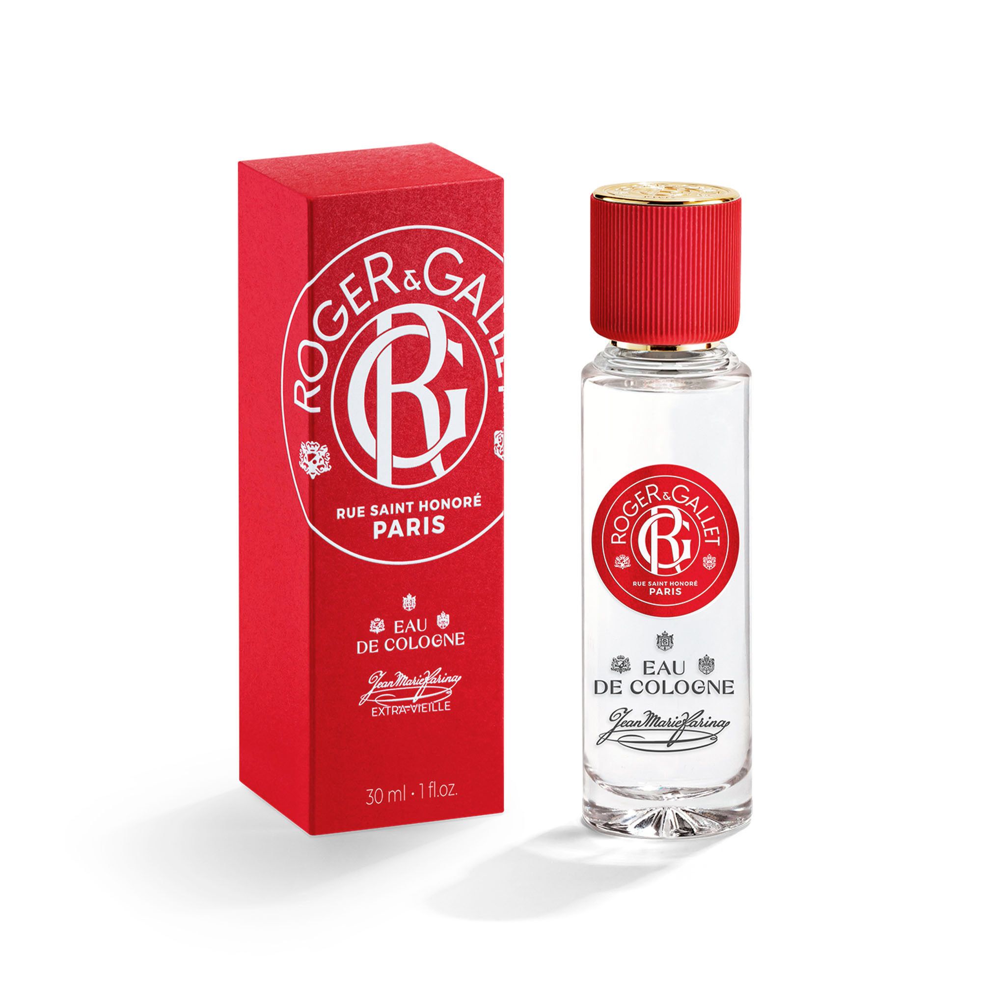 Flacon en verre et boîte rouge. Inscription : ROGER & GALLET, Eau de Cologne, Jean Marie Farina. Flacon debout.