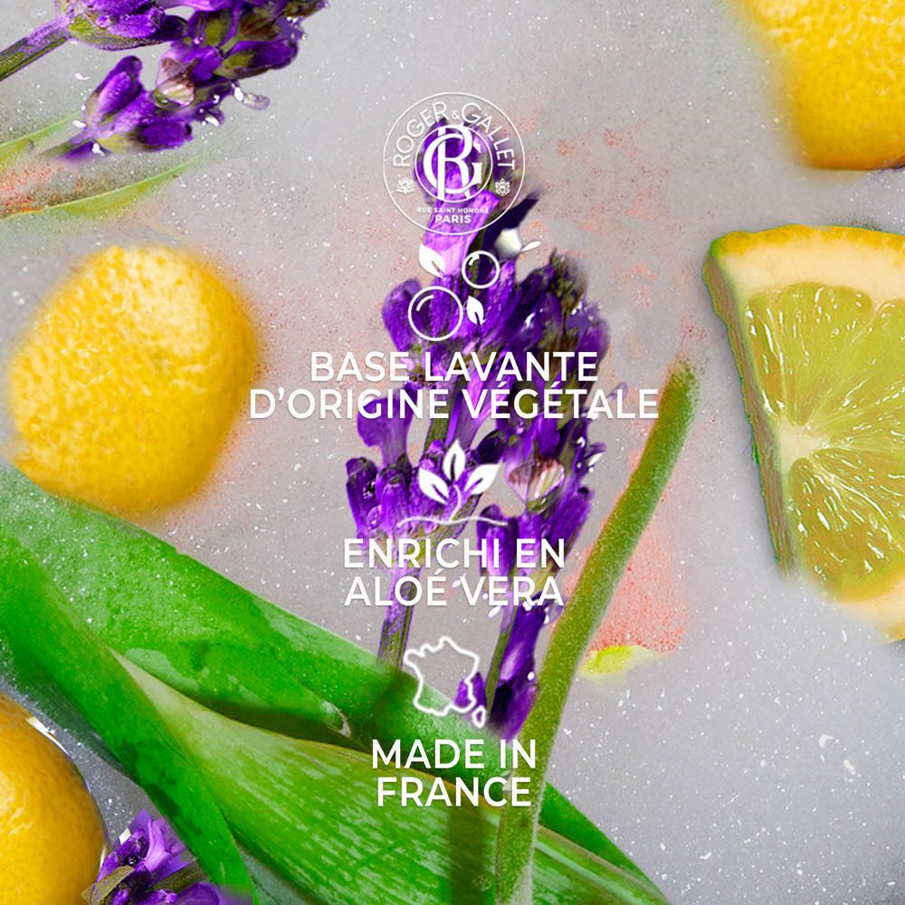 Gros plan sur citron, fleurs de lavande et feuilles dans des bulles de savon. Texte: Base Lavante d'origine végétale, Enriched in Aloe Vera.