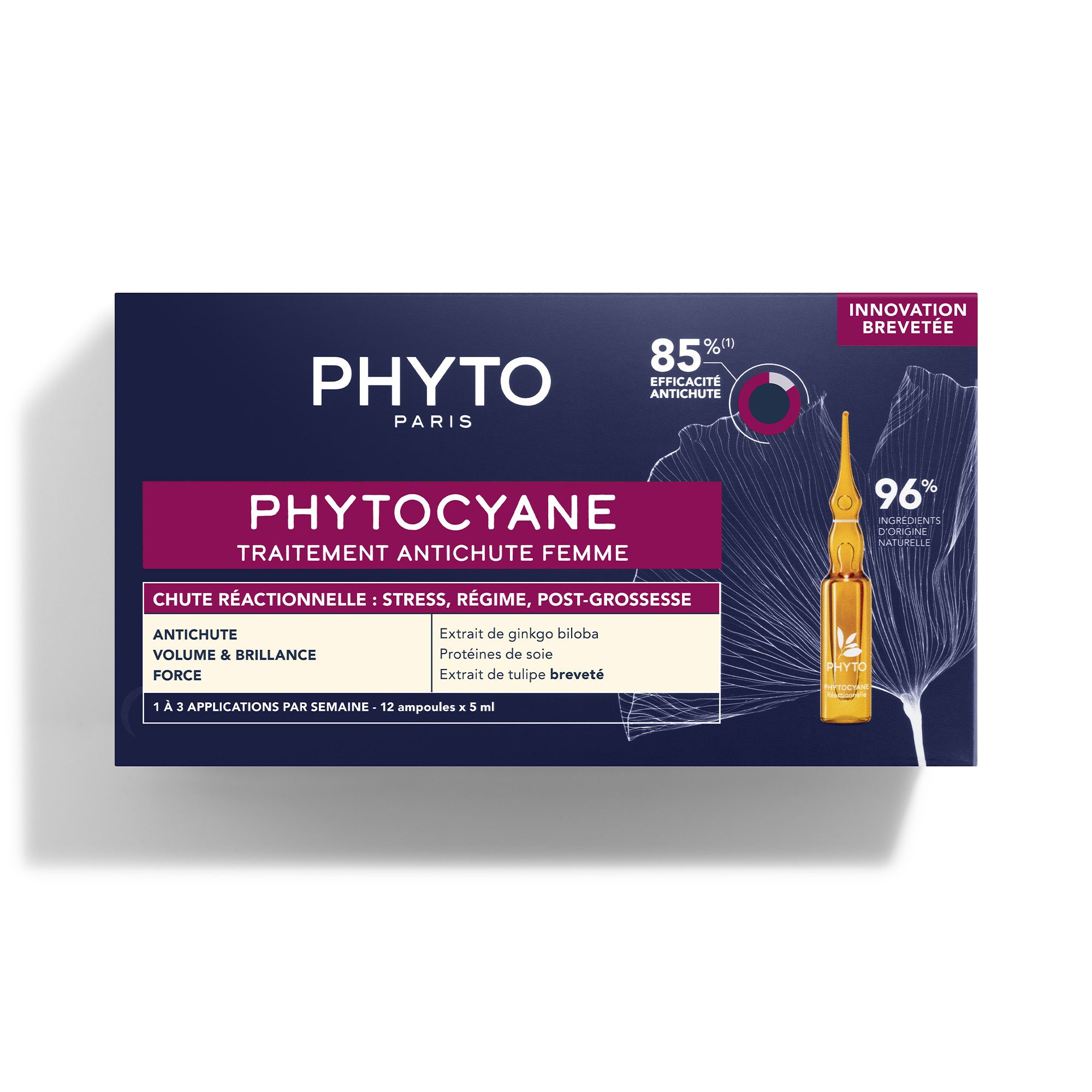 Boîte bleue foncée avec image du produit. Texte: PHYTO, PHYTO-CYANE, traitement antichute. 12 ampoules.