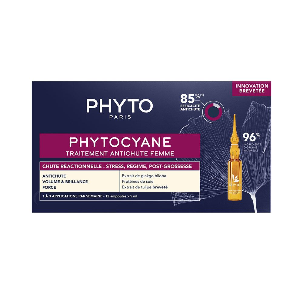 Boîte Phyto Phytocyane. Contient 12 ampoules. Inscription: Traitement antichute femme.