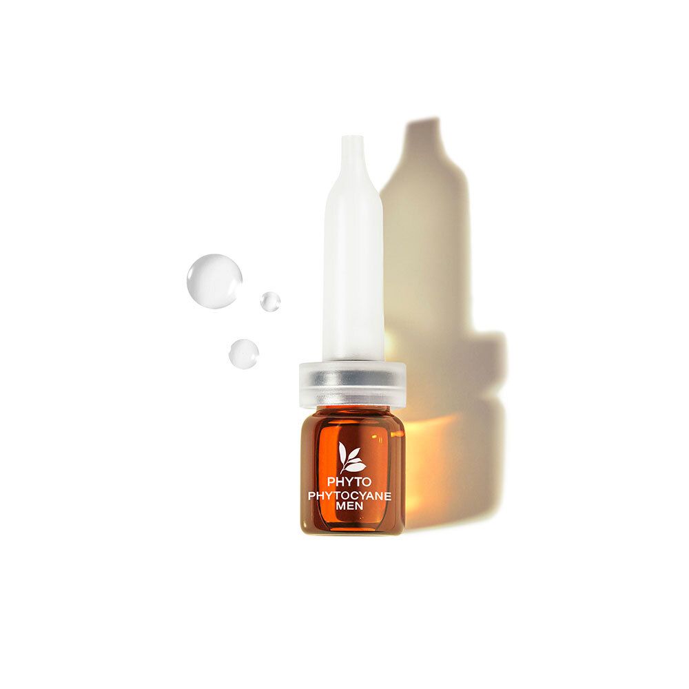 Une ampoule avec compte-gouttes. Texte: PHYTOCYANE-MEN.