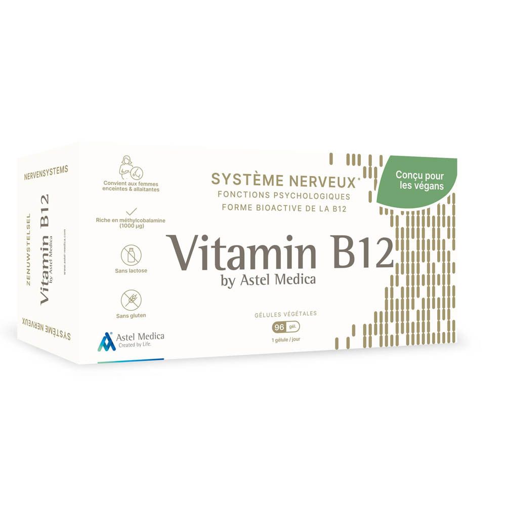 Boîte de Vitamine B12 Astel Medica pour le système nerveux, 96 gélules végétales.