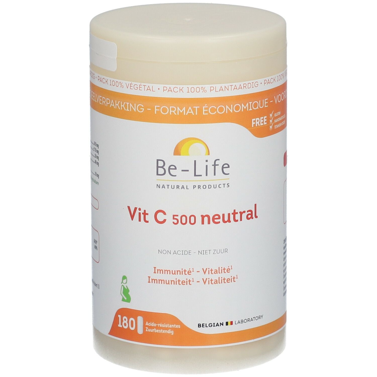 Behälter mit Be-Life Vit C 500 neutral. Weißer Behälter mit Deckel. Text: Vit C 500 neutral, 180 Tabletten, vegan.