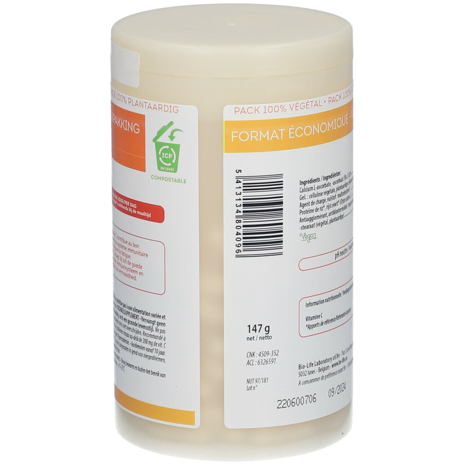 Seitenansicht der Be-Life Vit C 500 neutral Dose. Enthält Barcode, Gewicht 147g und Haltbarkeitsdatum 09/2024.