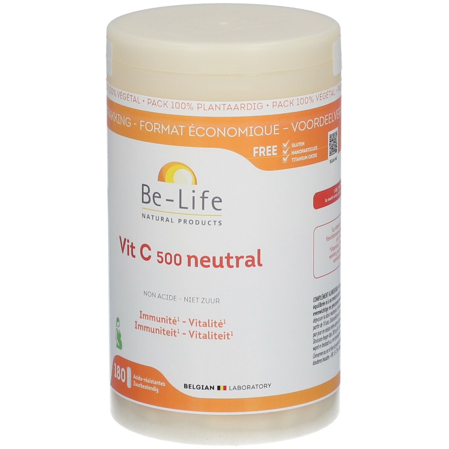 Be-Life Vit C 500 neutral Dose. Weißer Behälter mit Deckel. Text: Vit C 500 neutral, 180 Tabletten, vegan.
