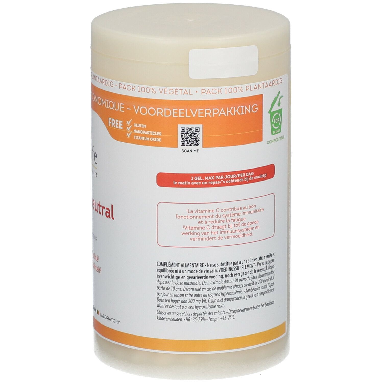 Rückseite der Be-Life Vit C 500 neutral Dose. Enthält Text über Vitamin C, glutenfrei, vegan, und QR-Code.