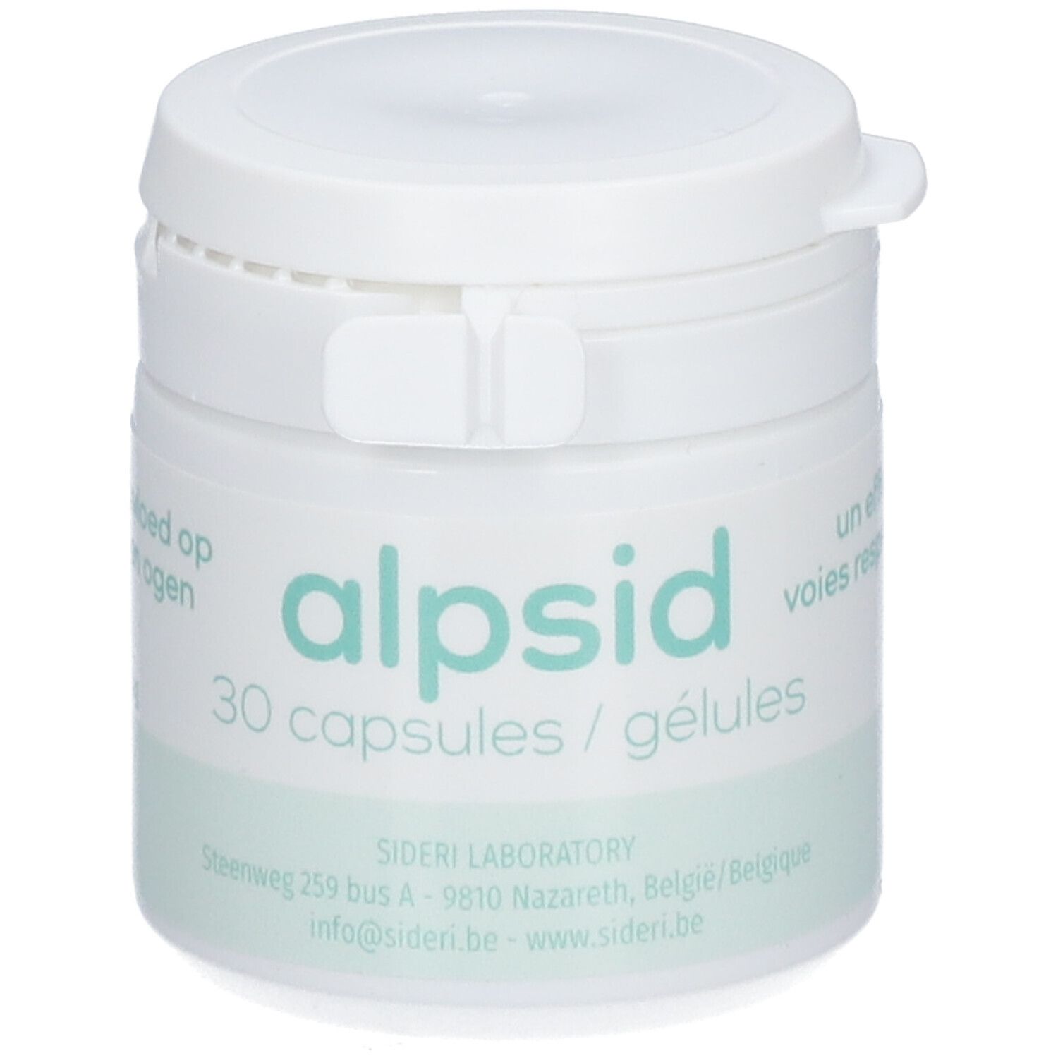 Weißes Alpsid-Behälter mit 30 Kapseln. Aufschrift: SIDERI LABORATORY.