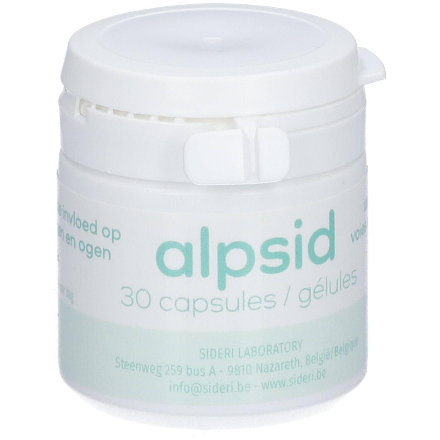 Weißer Alpsid-Behälter mit 30 Kapseln. Aufschrift: SIDERI LABORATORY.