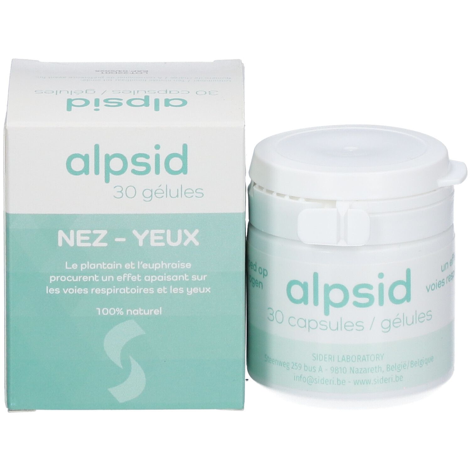Alpsid-Packung mit Dose und Schachtel. Dose mit 30 Kapseln. Schachtel mit Text: NEZ - YEUX.