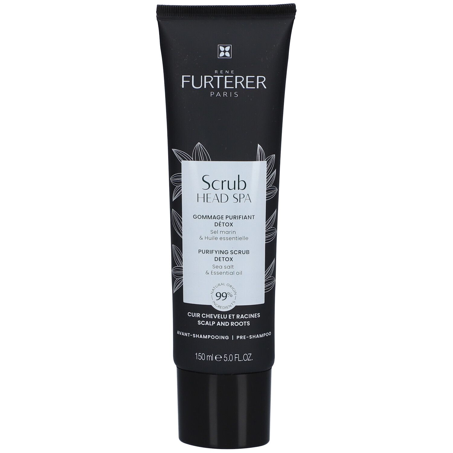 Schwarze Tube mit René Furterer Scrub Head Spa, reinigendes Peeling Detox. Enthält Meersalz und ätherisches Öl. 150ml.