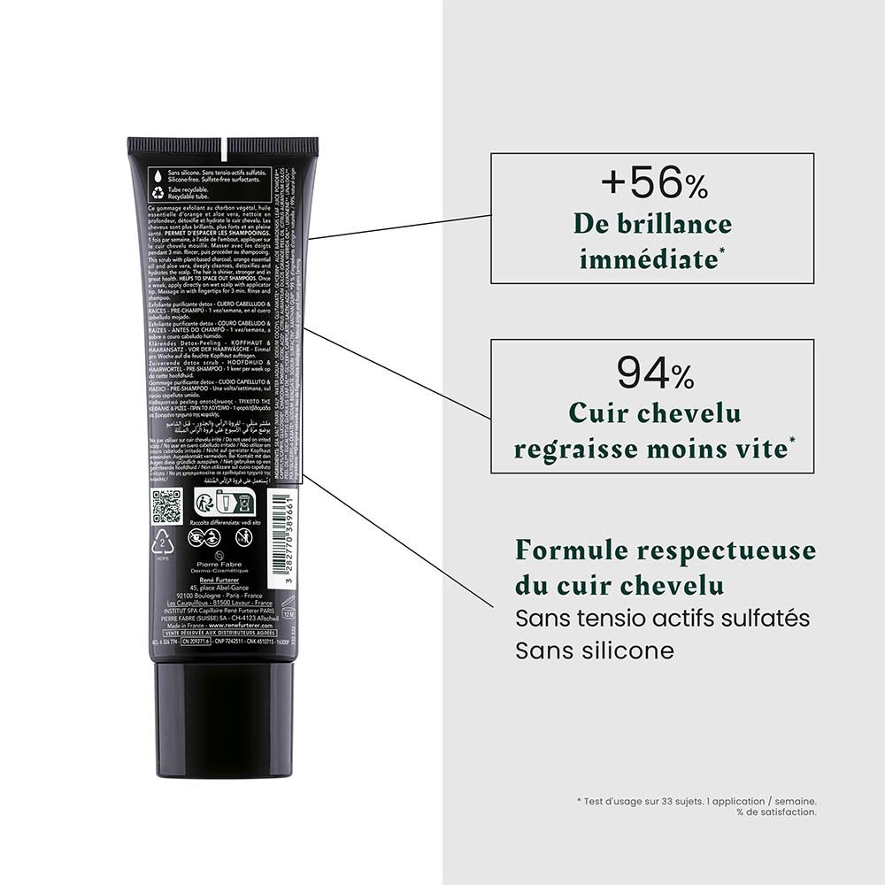 Schwarze Tube mit Produktinformationen und Hinweisen zu Glanzsteigerung und weniger fettiger Kopfhaut.