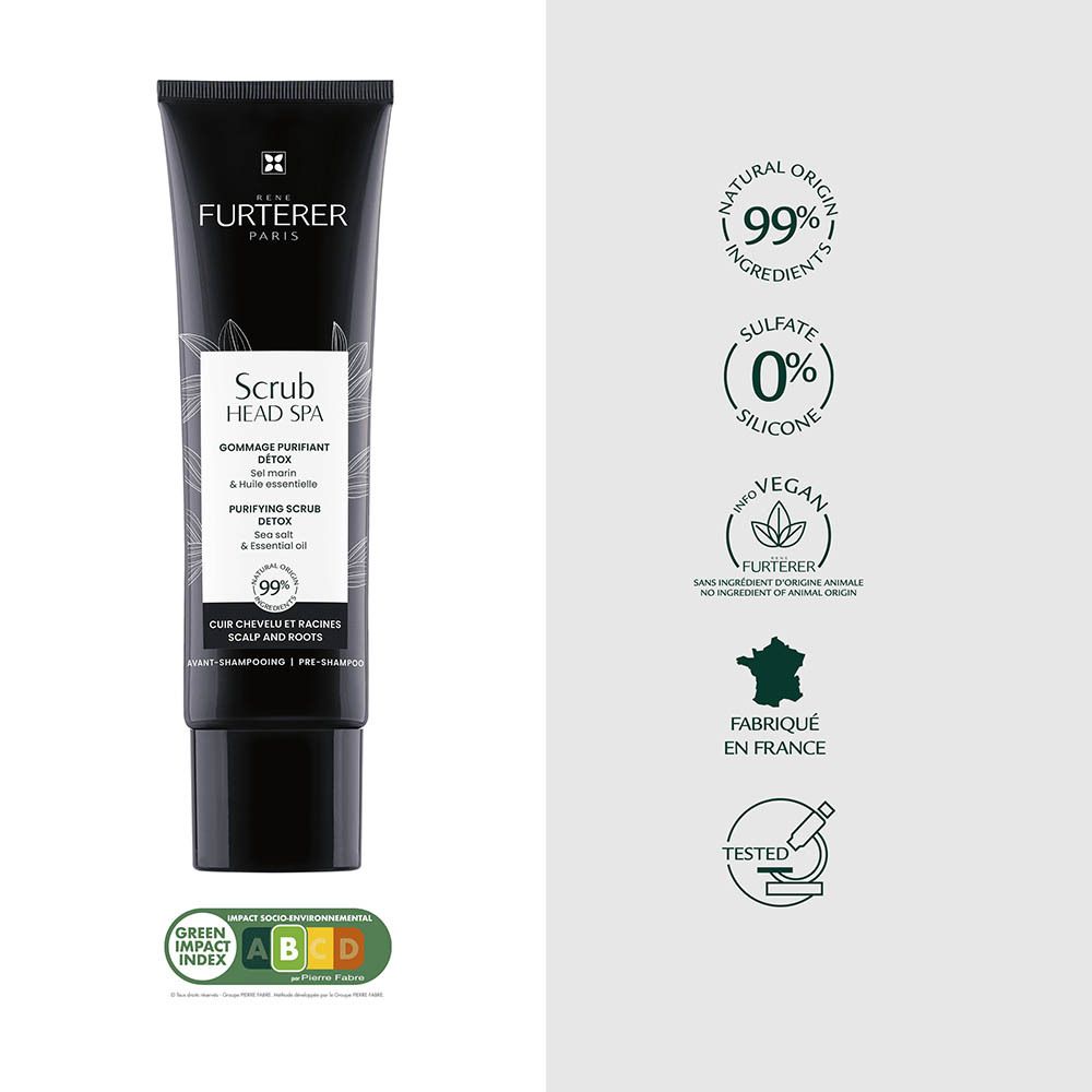 Schwarze Tube mit René Furterer Scrub Head Spa, reinigendes Peeling für Kopfhaut und Haarwurzeln.