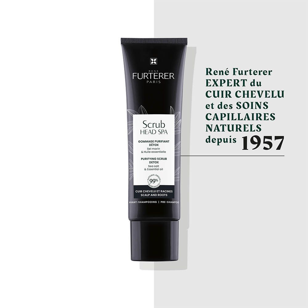 Schwarze Tube mit René Furterer Scrub Head Spa Detox, 99% natürliche Inhaltsstoffe.