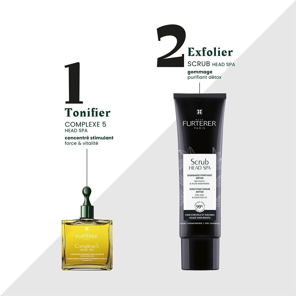 Zwei Haarpflegeprodukte: eine Flasche mit goldenem Öl und eine schwarze Tube mit Peeling.