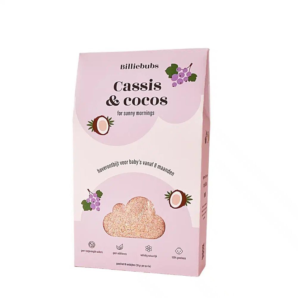 Boîte rose BILLIEBUBS, Cassis & Cocos, porridge pour bébés. Illustrations de fruits et noix de coco.
