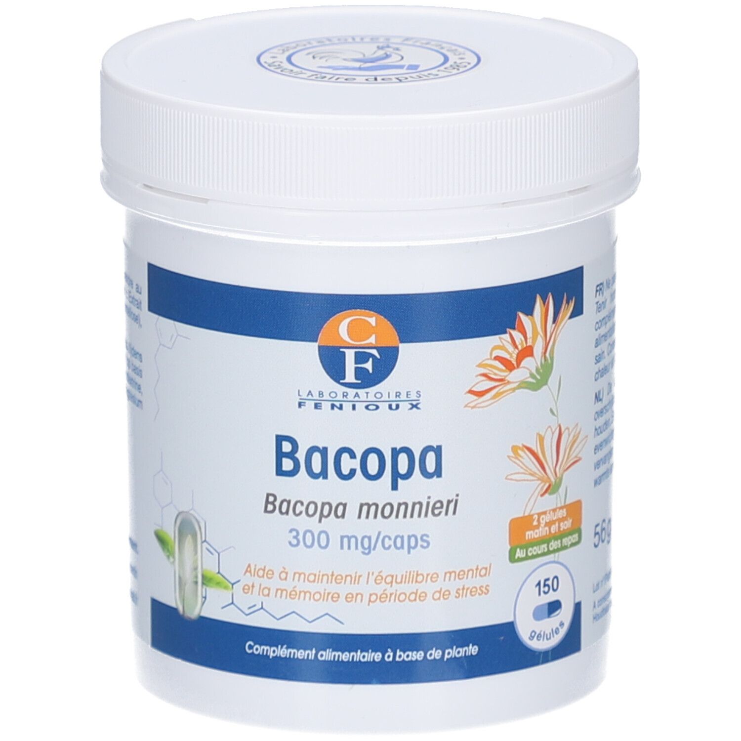 Weißes Kunststoff-Behältnis mit Deckel. Aufschrift: Bacopa, 300 mg/caps. Enthält 150 Kapseln. Logo: Laboratoires Fenioux.