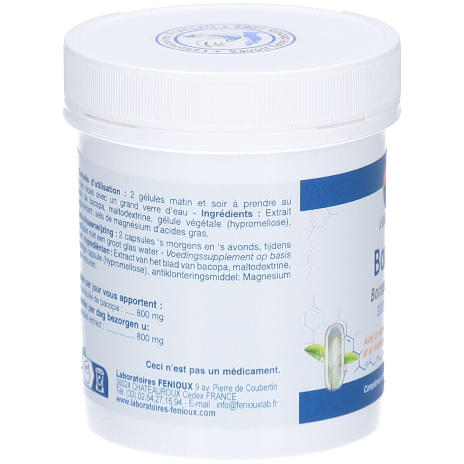 Rückseite des weißen Kunststoff-Behälters. Text: Inhaltsstoffe, Gebrauchsanweisung. Logo: Laboratoires Fenioux. Adresse und Kontaktinformationen.