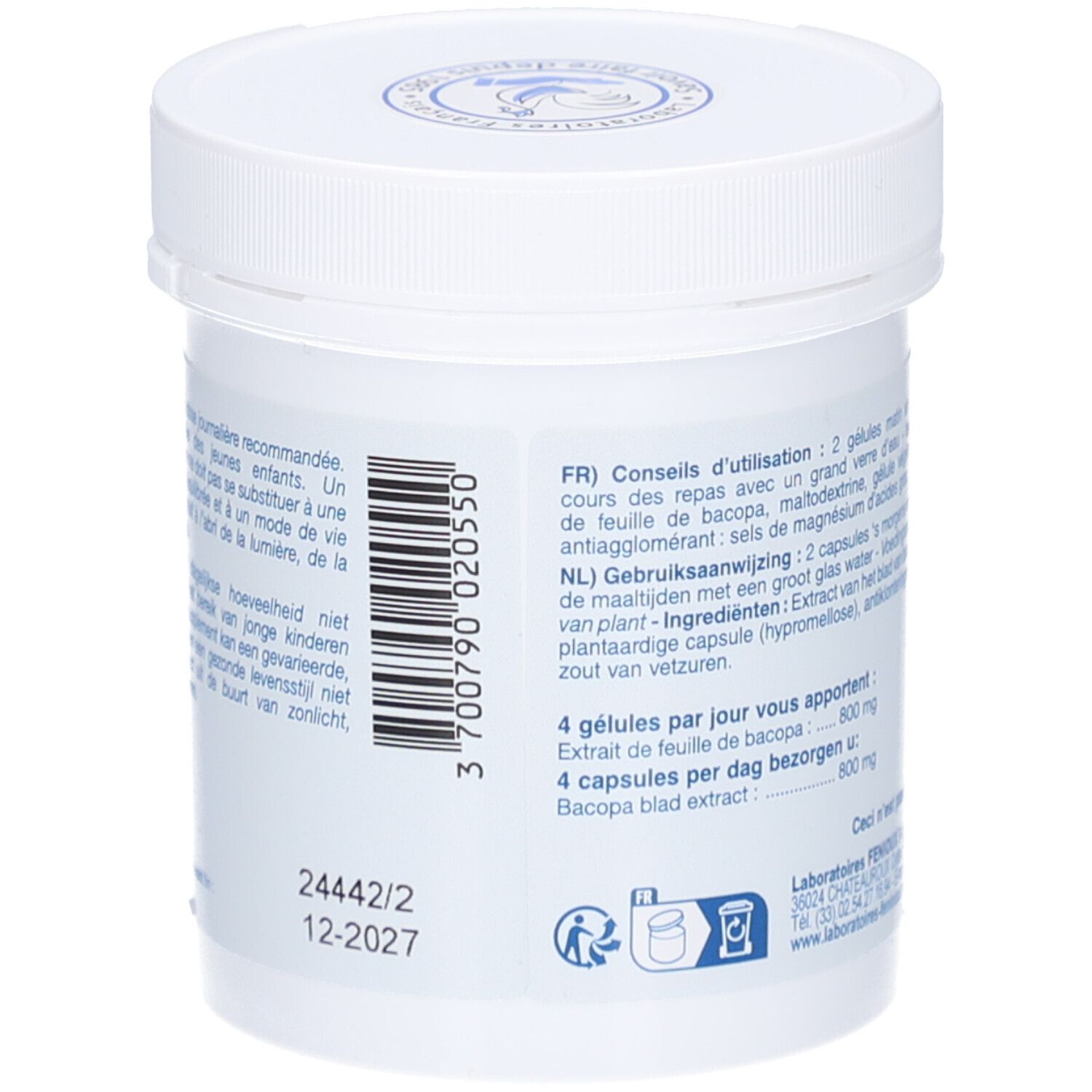 Rückseite des weißen Kunststoff-Behälters. Text: Gebrauchsanweisung, Chargennummer, Verfallsdatum. Logo: Laboratoires Fenioux.