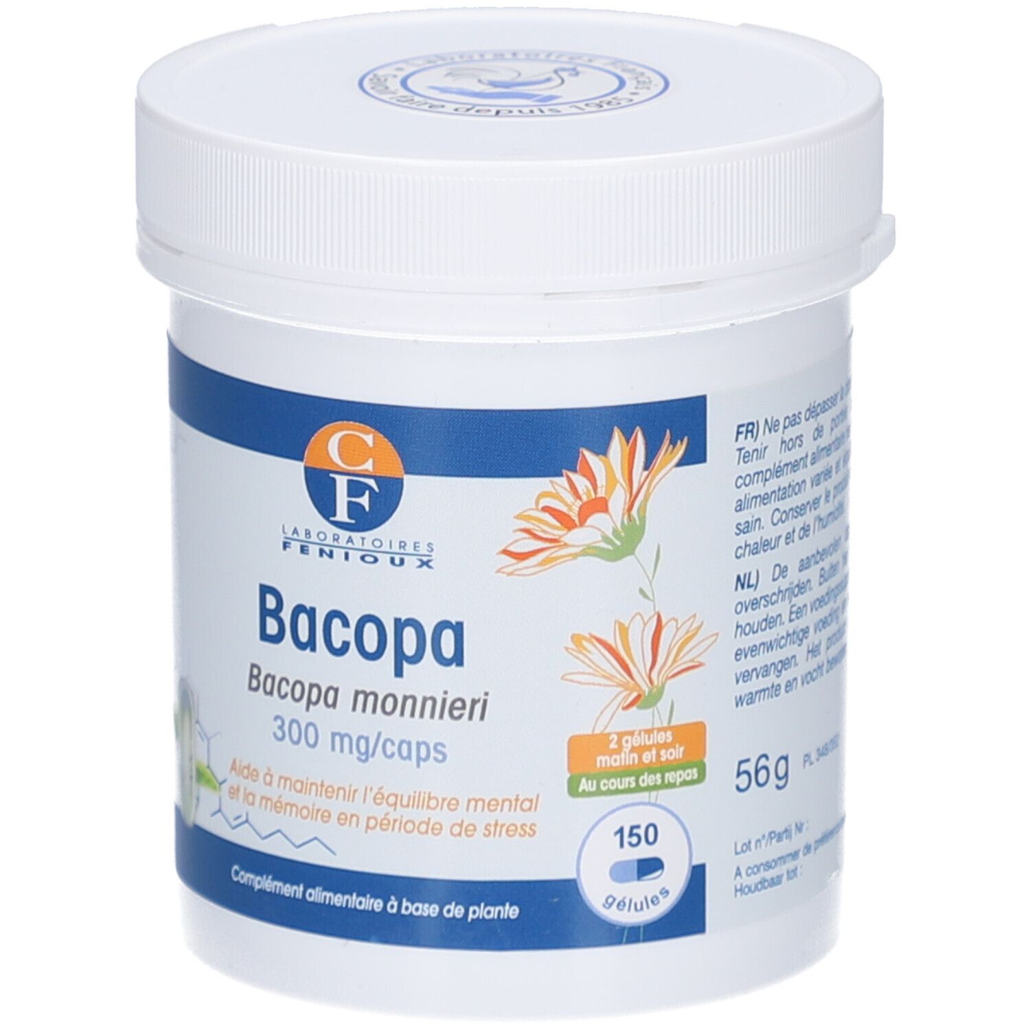 Weißes Kunststoff-Behältnis mit Deckel. Aufschrift: Bacopa, 300 mg/caps. Enthält 150 Kapseln. Logo: Laboratoires Fenioux. 56g.