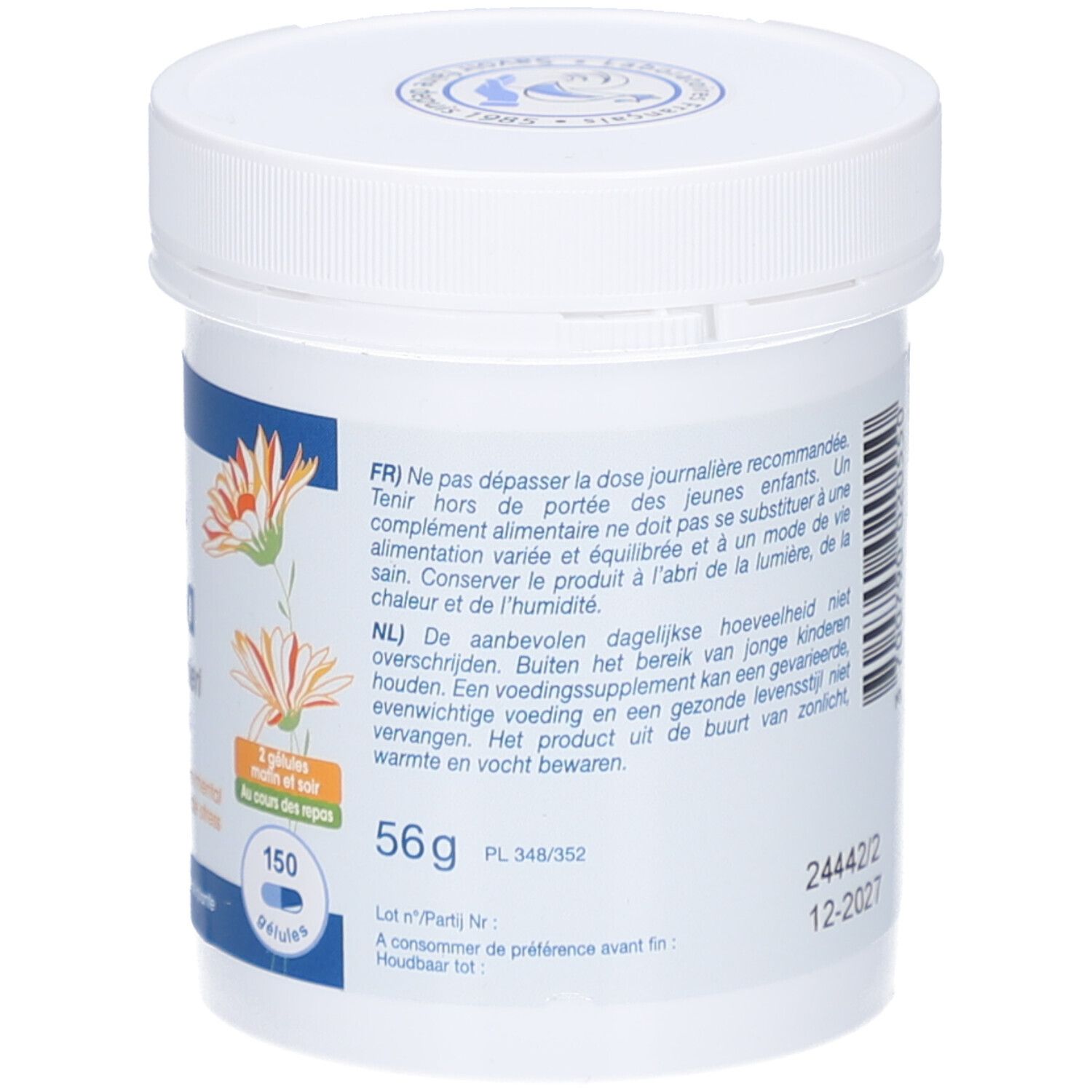 Rückseite des weißen Kunststoff-Behälters. Text: Gebrauchsanweisung, Chargennummer, Verfallsdatum. Logo: Laboratoires Fenioux. 56g.