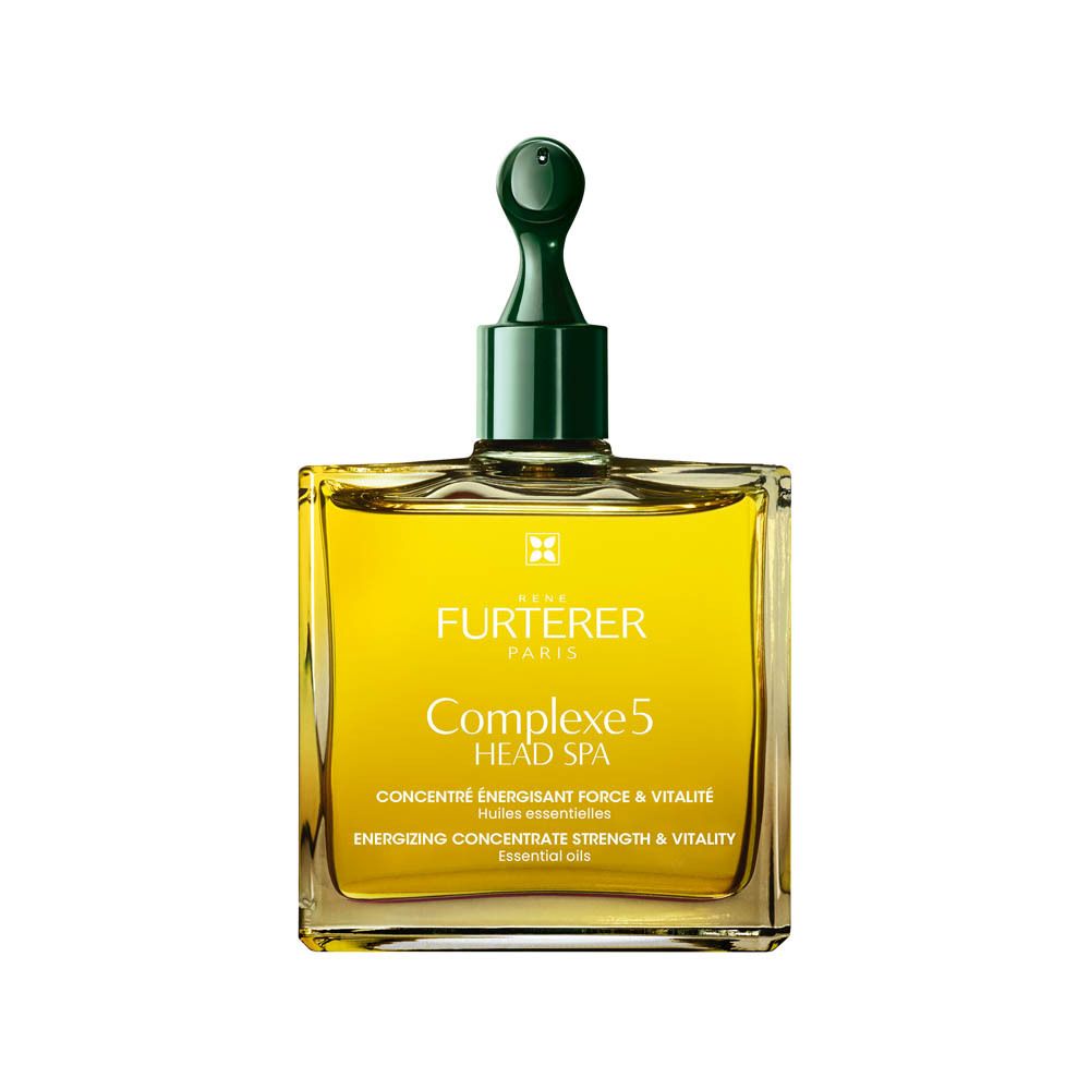 Flacon carré, bouchon vert. Liquide jaune. Texte: Complexe 5 Head Spa.