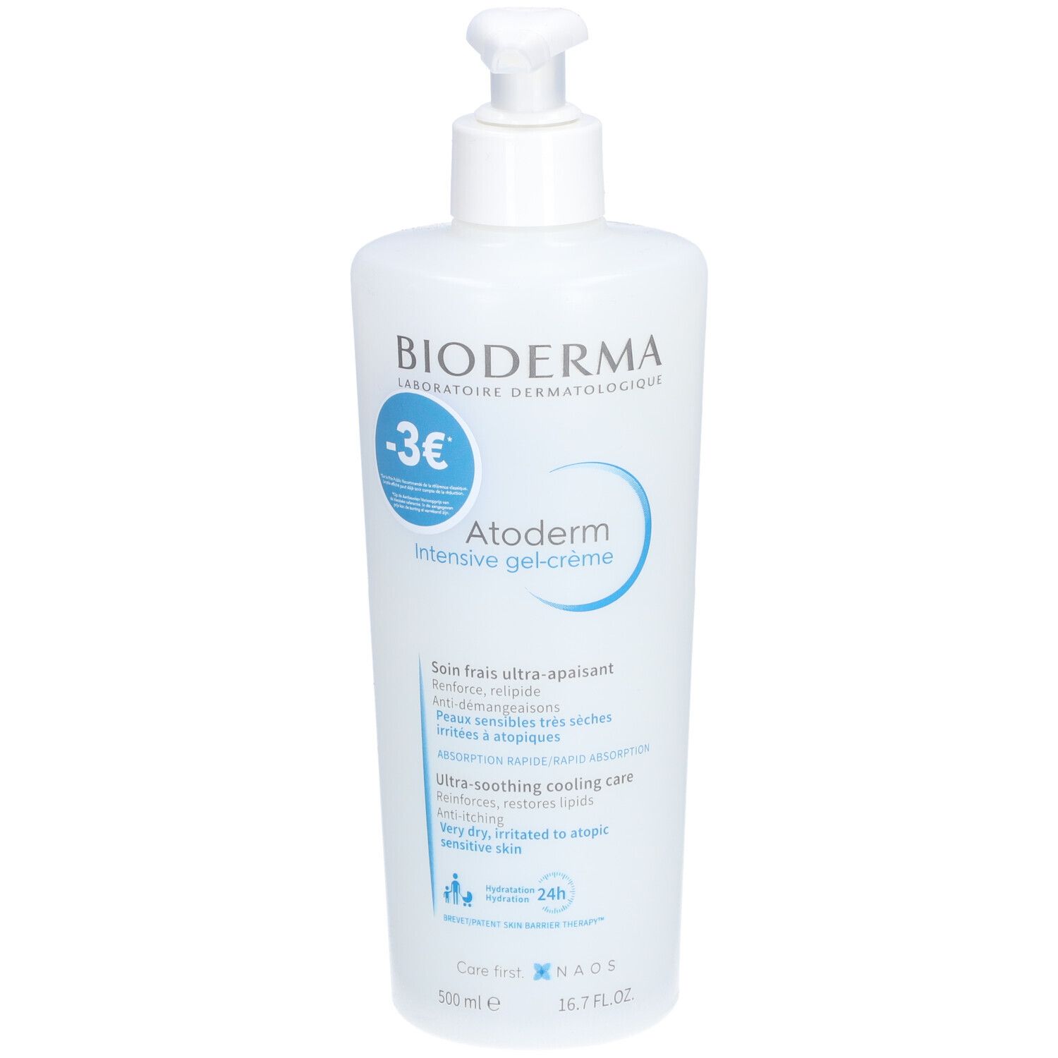 Weiße Flasche mit Pumpverschluss. Aufschrift: Bioderma, Atoderm Intensive gel-crème. Blaue Etiketten mit Text.