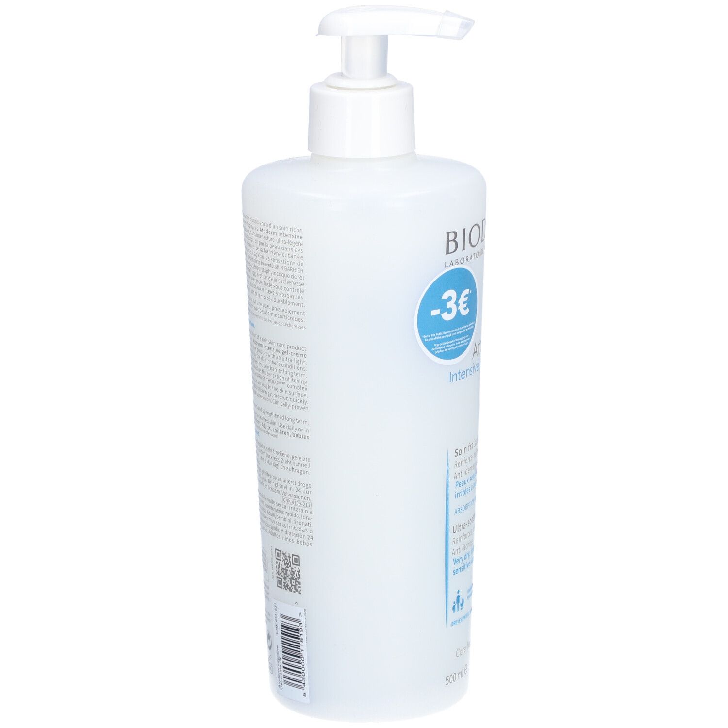 Weiße Flasche mit Pumpverschluss. Rückseite mit Text und QR-Code. Teilansicht.