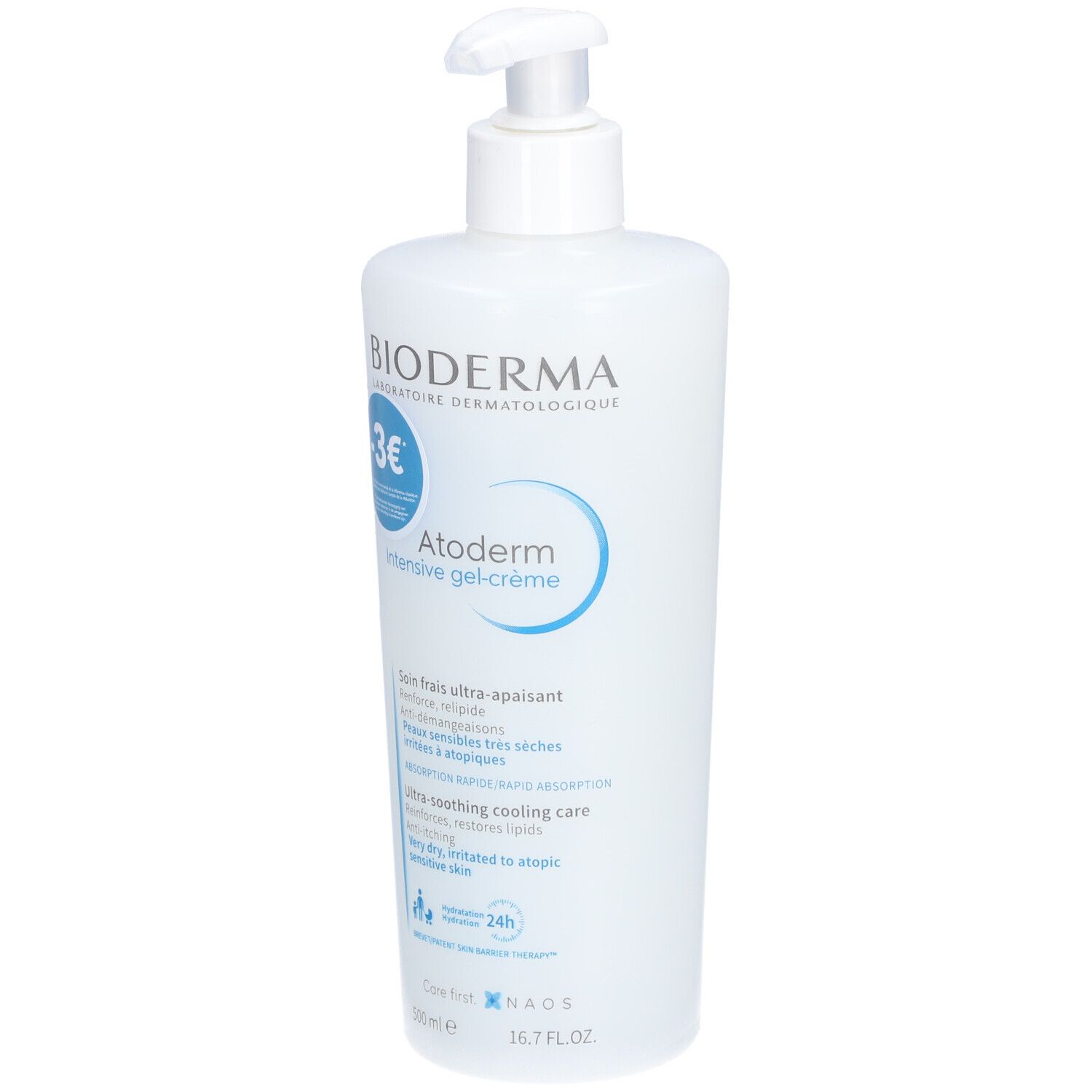 Weiße Flasche mit Pumpverschluss. Aufschrift: Bioderma, Atoderm Intensive gel-crème. Blaue Etiketten mit Text.