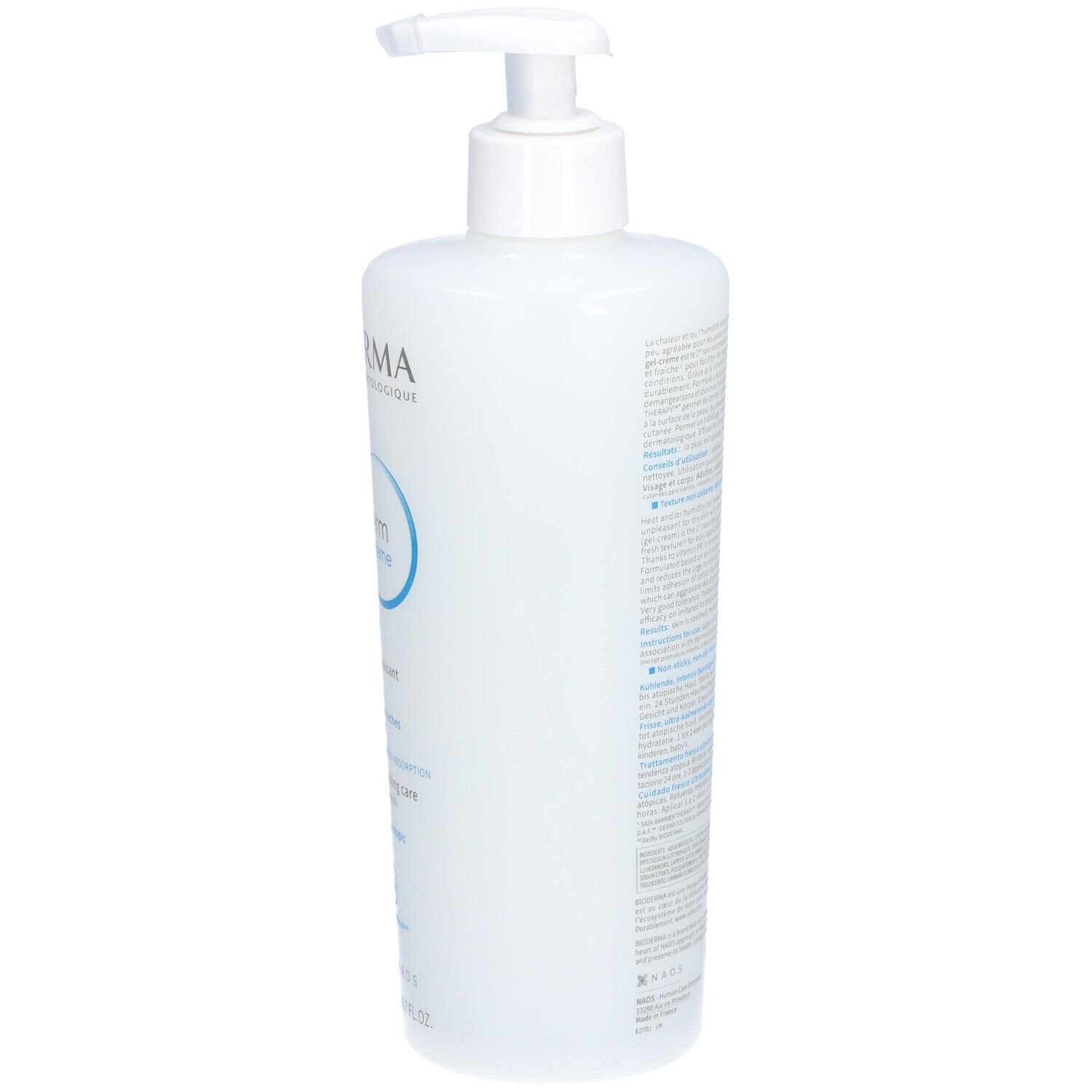 Weiße Flasche mit Pumpverschluss. Rückseite mit Text. Teilansicht.