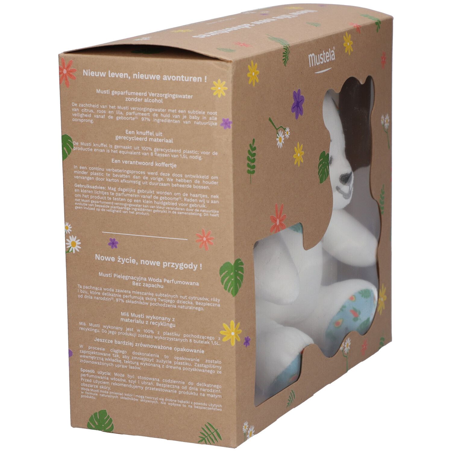 Boîte cadeau avec ours. Ours avec foulard et pieds bleus. Boîte avec texte et fleurs. Vue de côté.