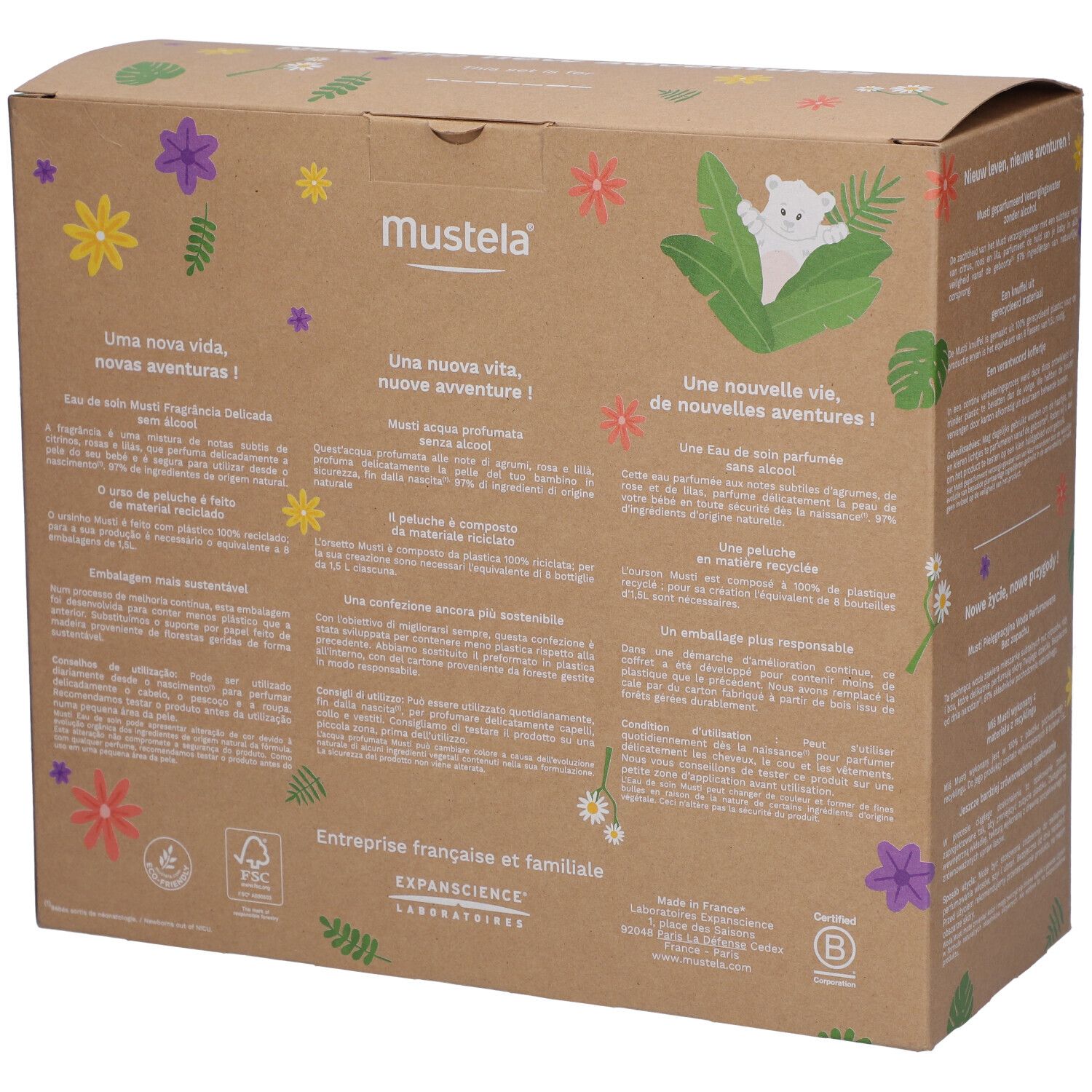 Boîte cadeau avec texte et fleurs. Texte multilingue. Logo en haut. Certification FSC. Vue arrière.