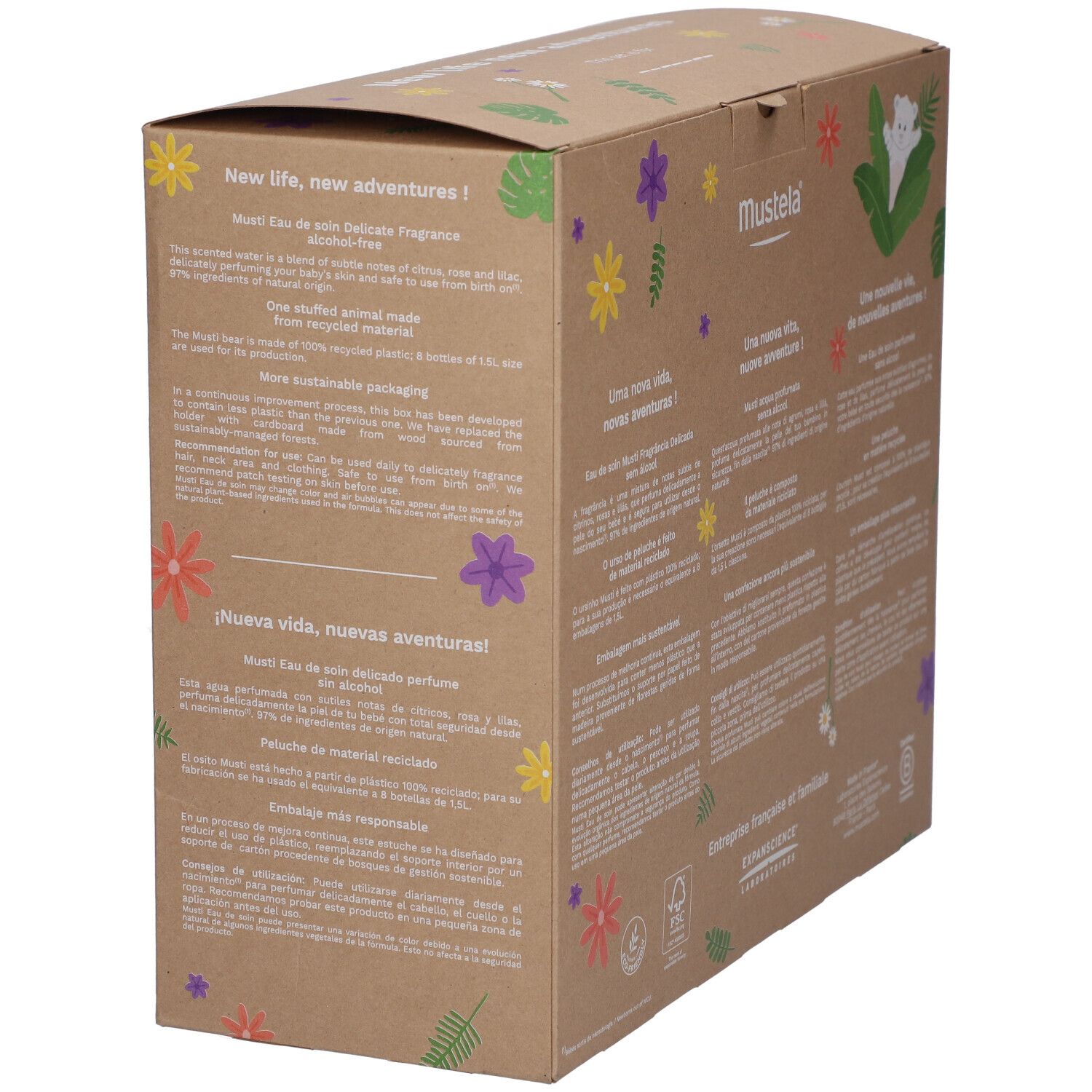 Boîte cadeau avec texte et fleurs. Texte multilingue. Logo en haut. Certification FSC. Vue oblique.