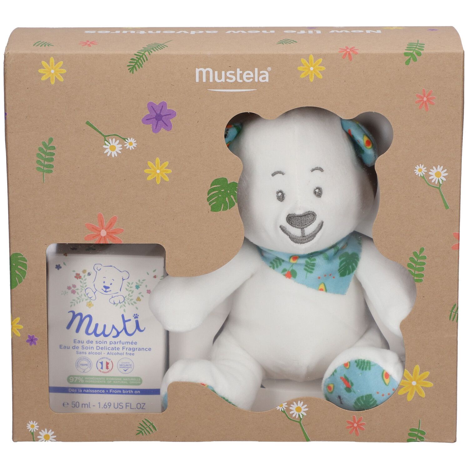 Coffret cadeau avec ours et flacon. Ours avec foulard et pieds bleus. Flacon avec logo et texte. Emballage floral.