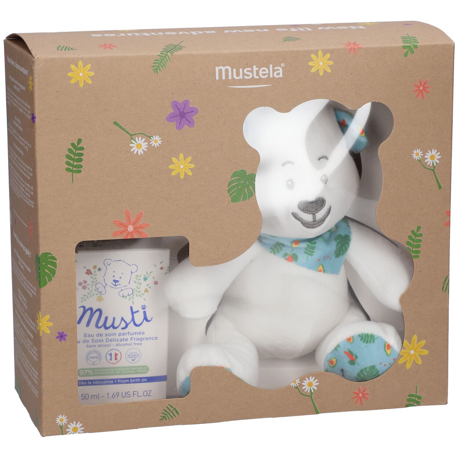 Coffret cadeau avec ours et flacon. Ours avec foulard et pieds bleus. Flacon avec logo et texte. Emballage floral.