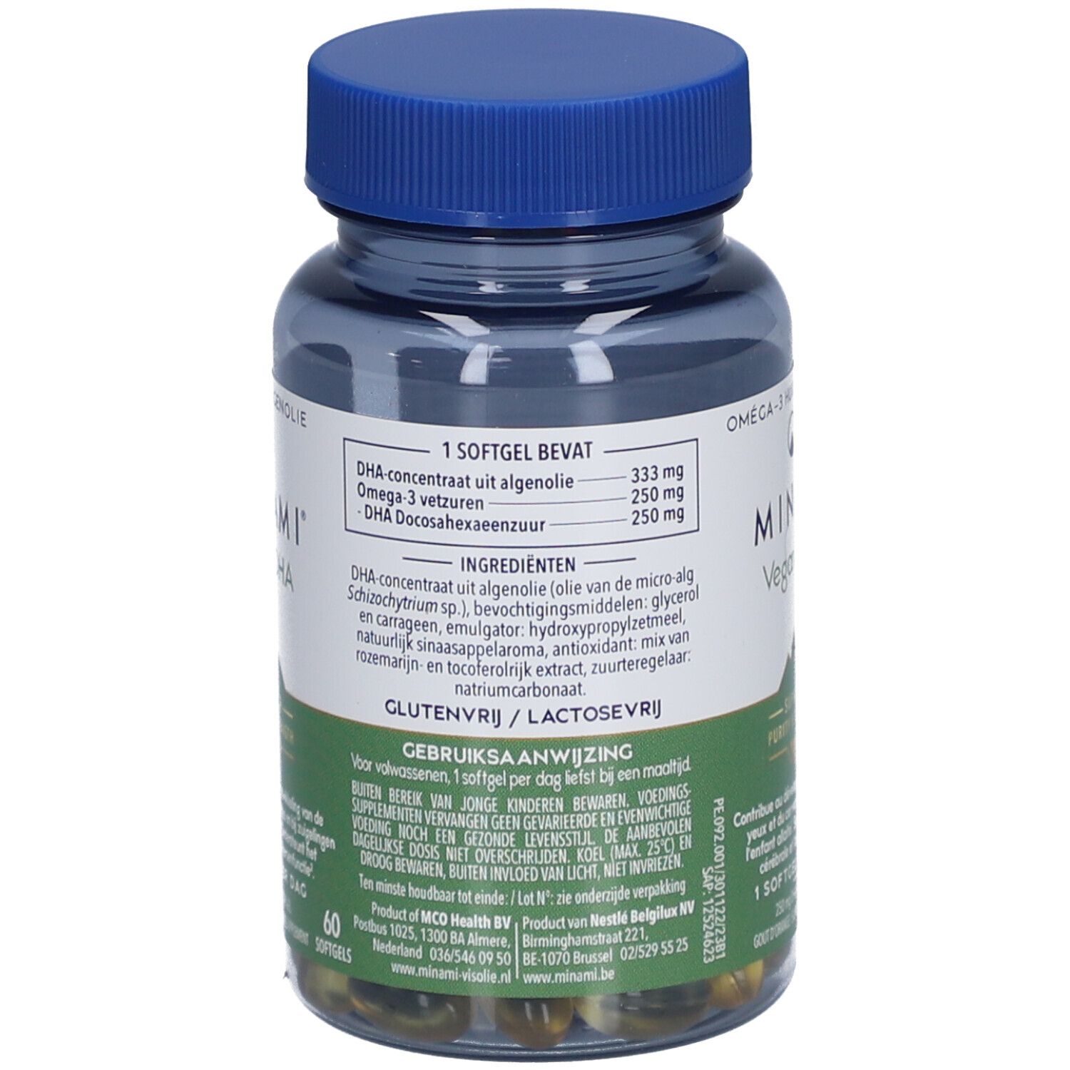 Rückseite der Flasche mit Produktinformationen. Enthält Angaben zu Inhaltsstoffen und Nährwerten.