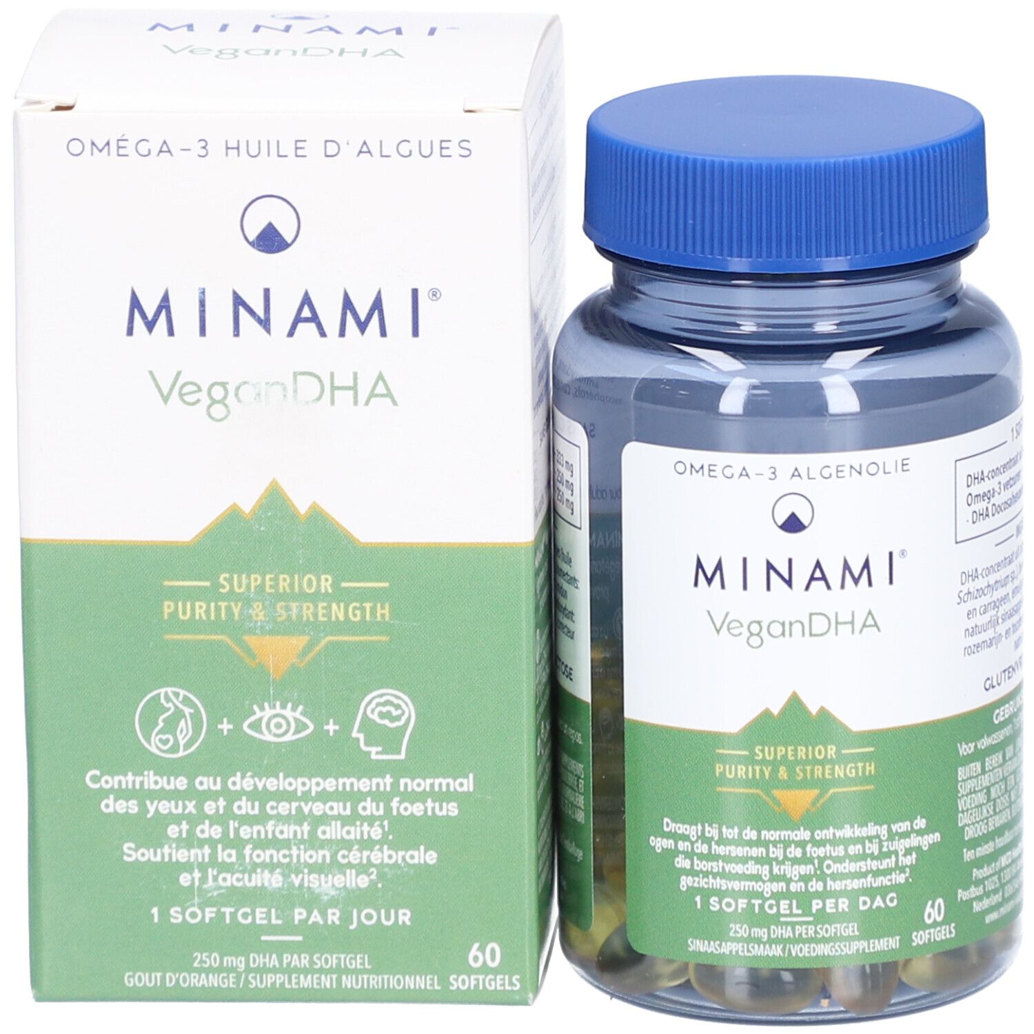 Produktflasche und Verpackung nebeneinander. Verpackung mit Produktnamen Minami VeganDHA.