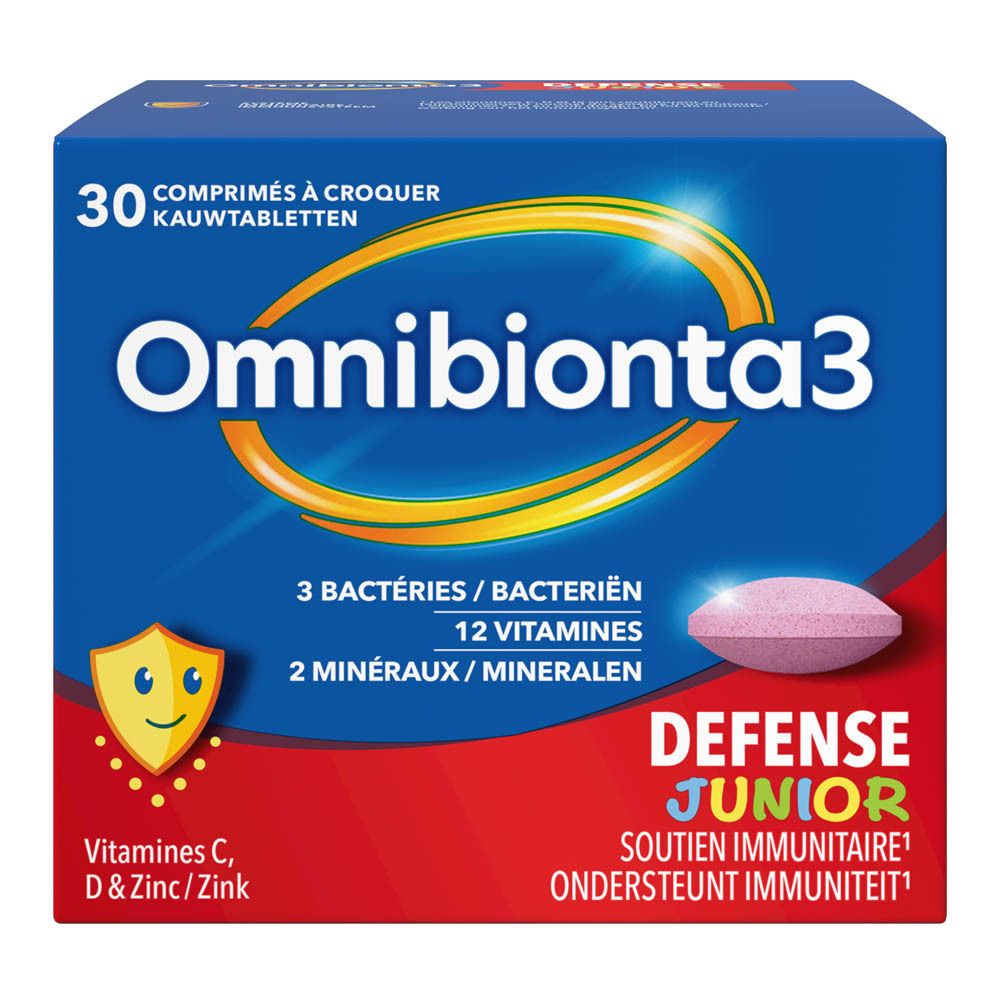 Boîte bleue Omnibionta3 Defense Junior. 30 comprimés à croquer. Comprimé rose visible.