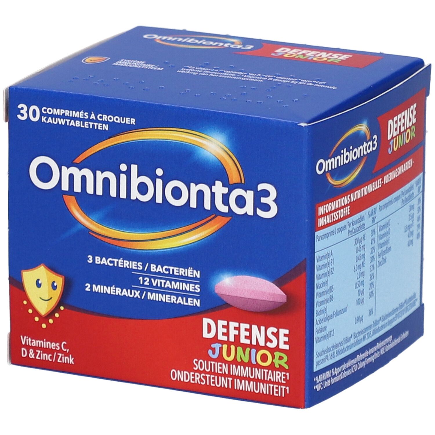 Blauwe Schachtel mit Omnibionta3 Defense Junior. 30 Kautabletten. Rosa Tablette sichtbar.