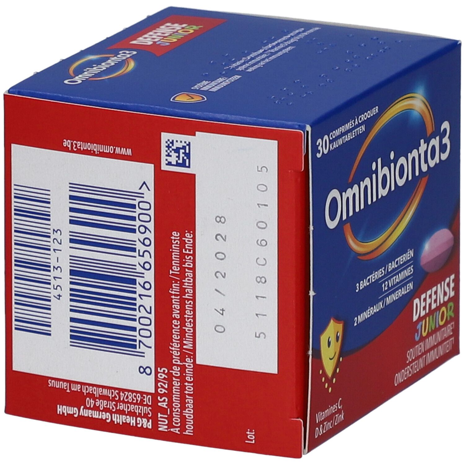 Rückseite der Schachtel Omnibionta3 Defense Junior. Informationen, Barcode, Haltbarkeitsdatum.