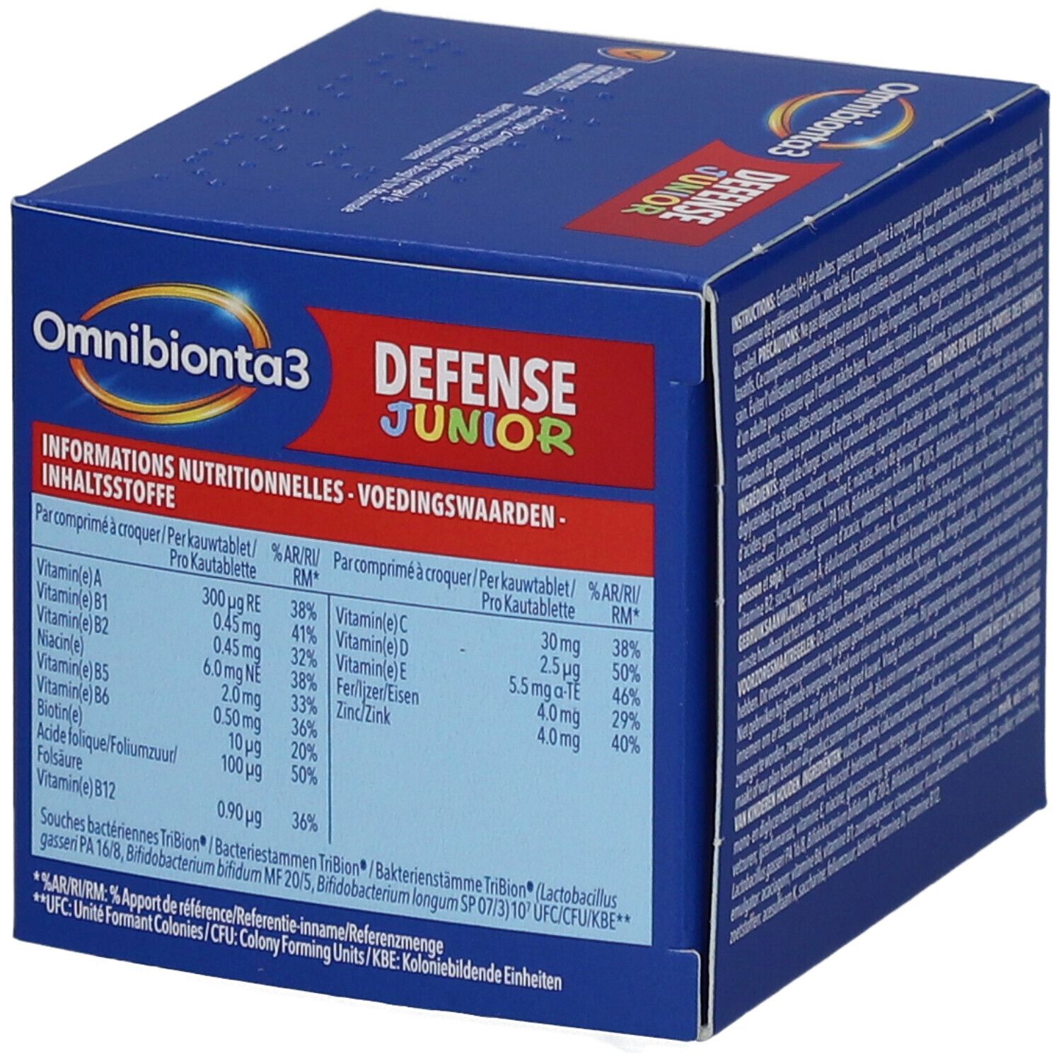 Schachtel Omnibionta3 Defense Junior. Nährwertangaben. Inhaltsstoffe pro Tablette.