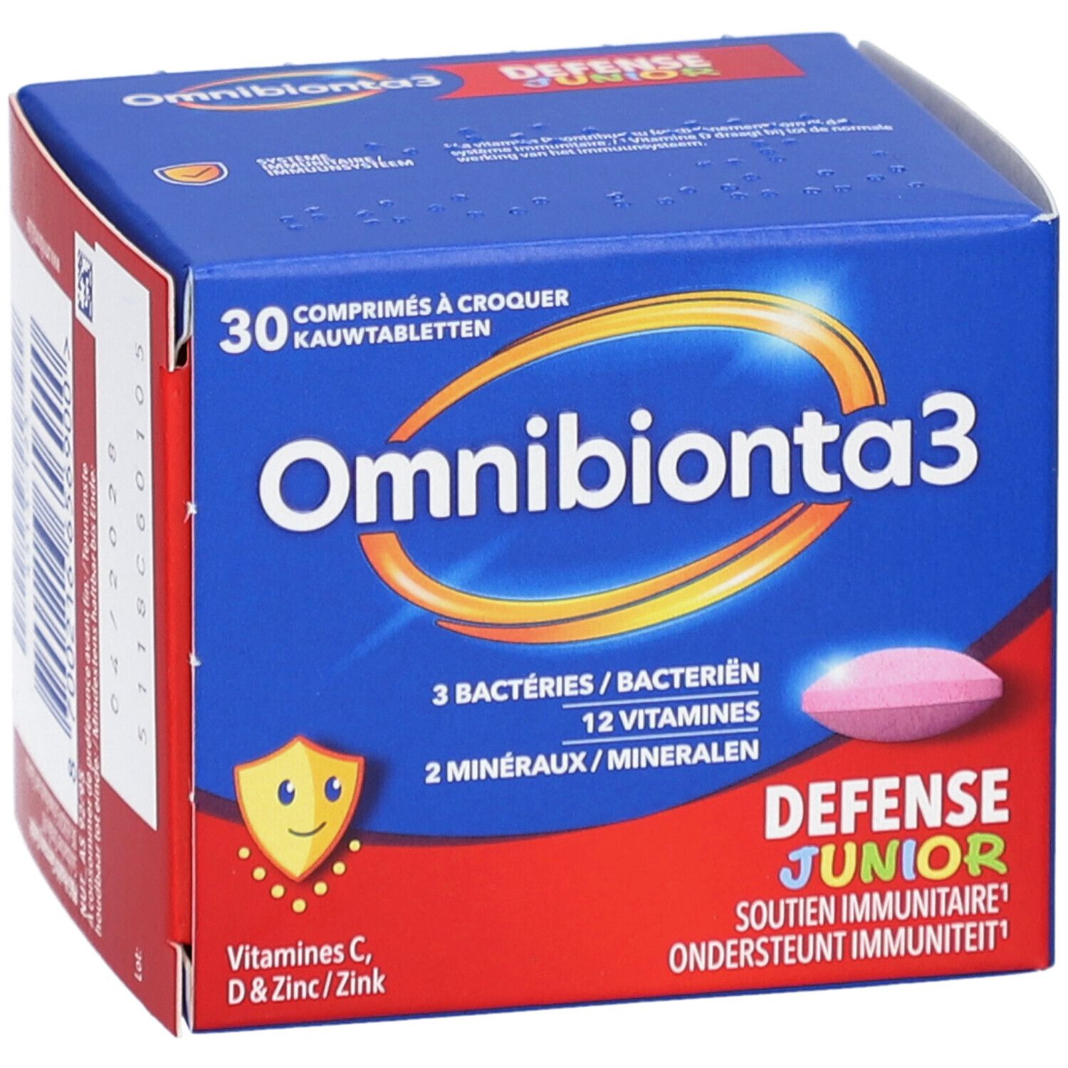 Blauwe Schachtel mit Omnibionta3 Defense Junior. 30 Kautabletten. Rosa Tablette sichtbar.