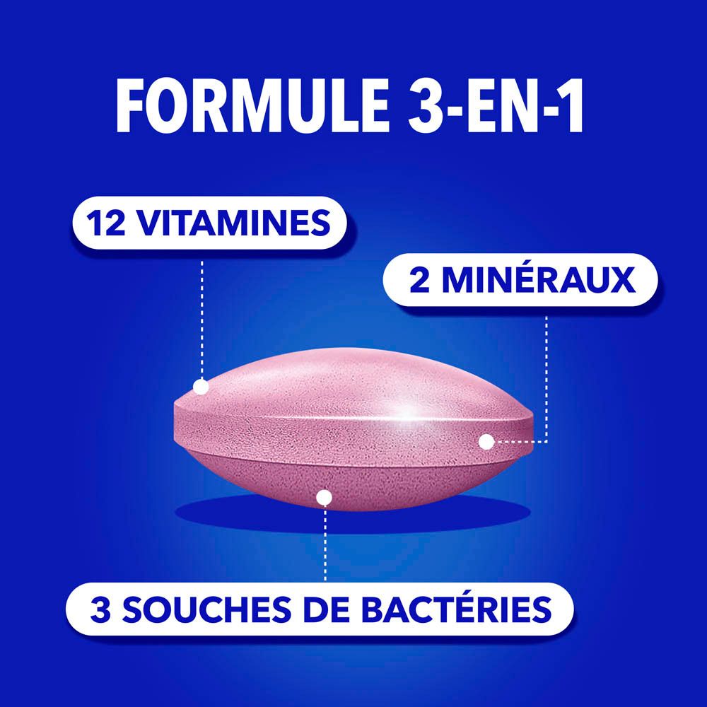 Comprimé rose avec formule 3-en-1 : 12 vitamines, 2 minéraux, 3 souches de bactéries.