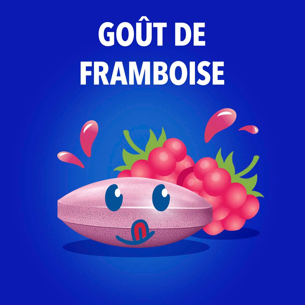 Comprimé rose goût framboise. Illustré avec des framboises et un visage souriant.