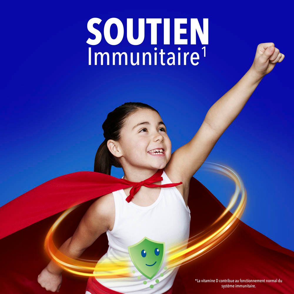 Enfant avec cape de super-héros. Texte : Soutien immunitaire.