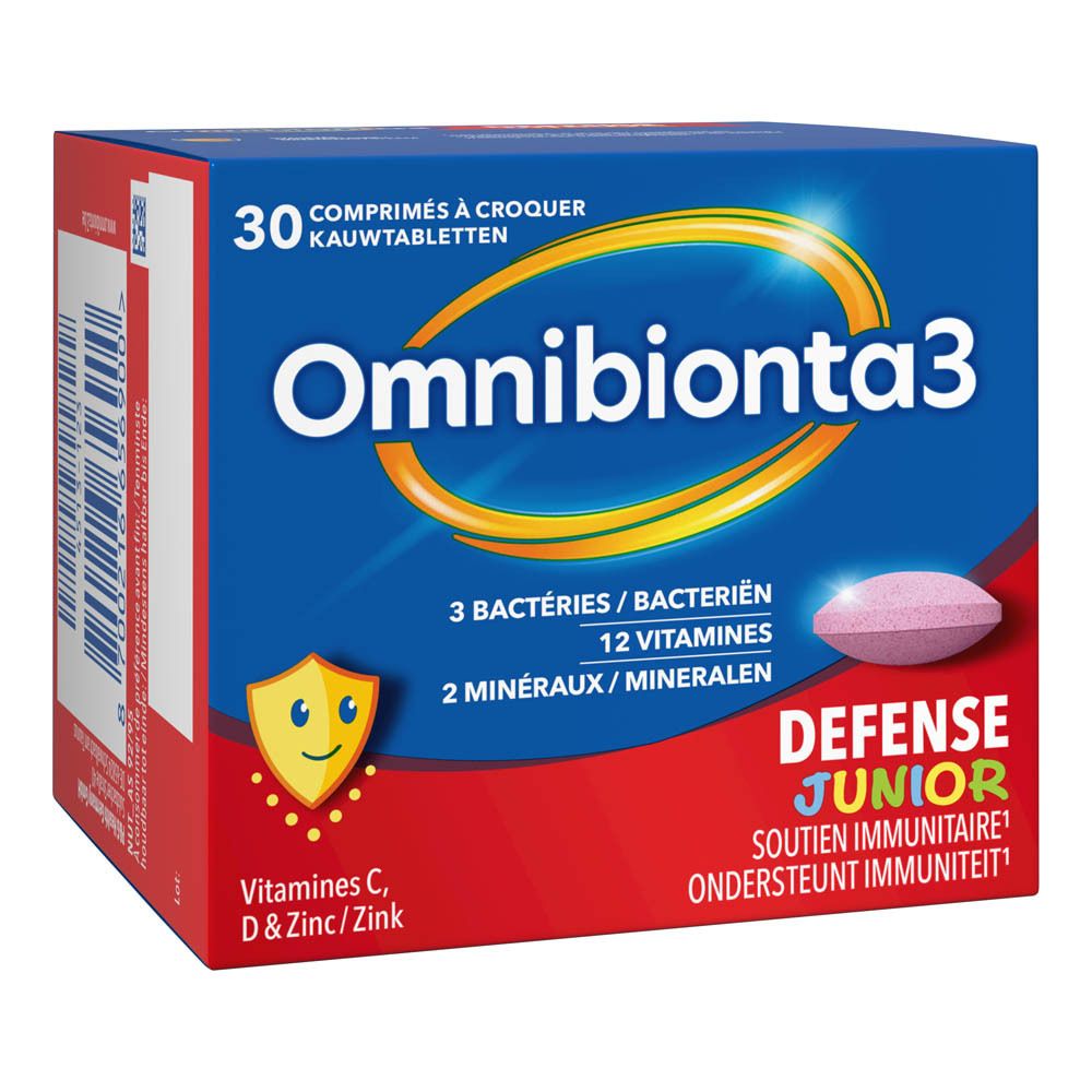 Boîte bleue Omnibionta3 Defense Junior. 30 comprimés à croquer. Comprimé rose visible.