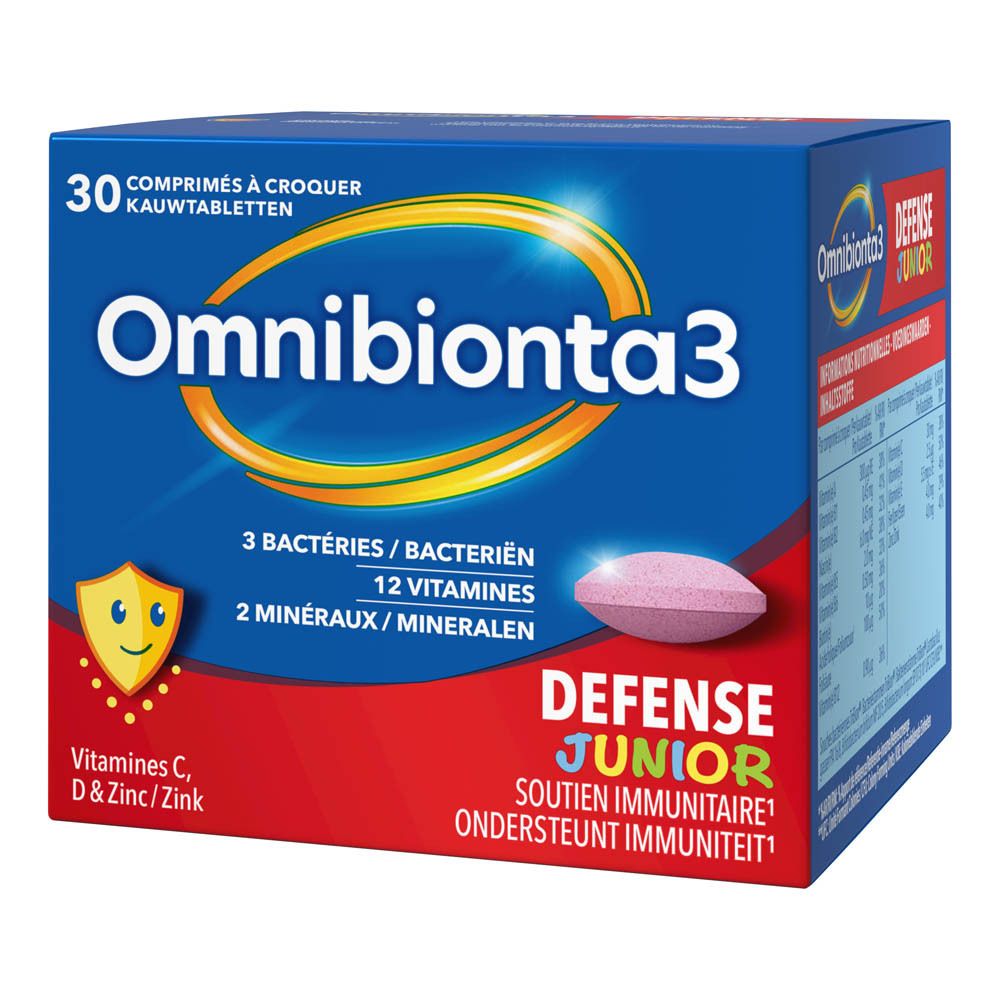 Boîte bleue Omnibionta3 Defense Junior. 30 comprimés à croquer. Comprimé rose visible.